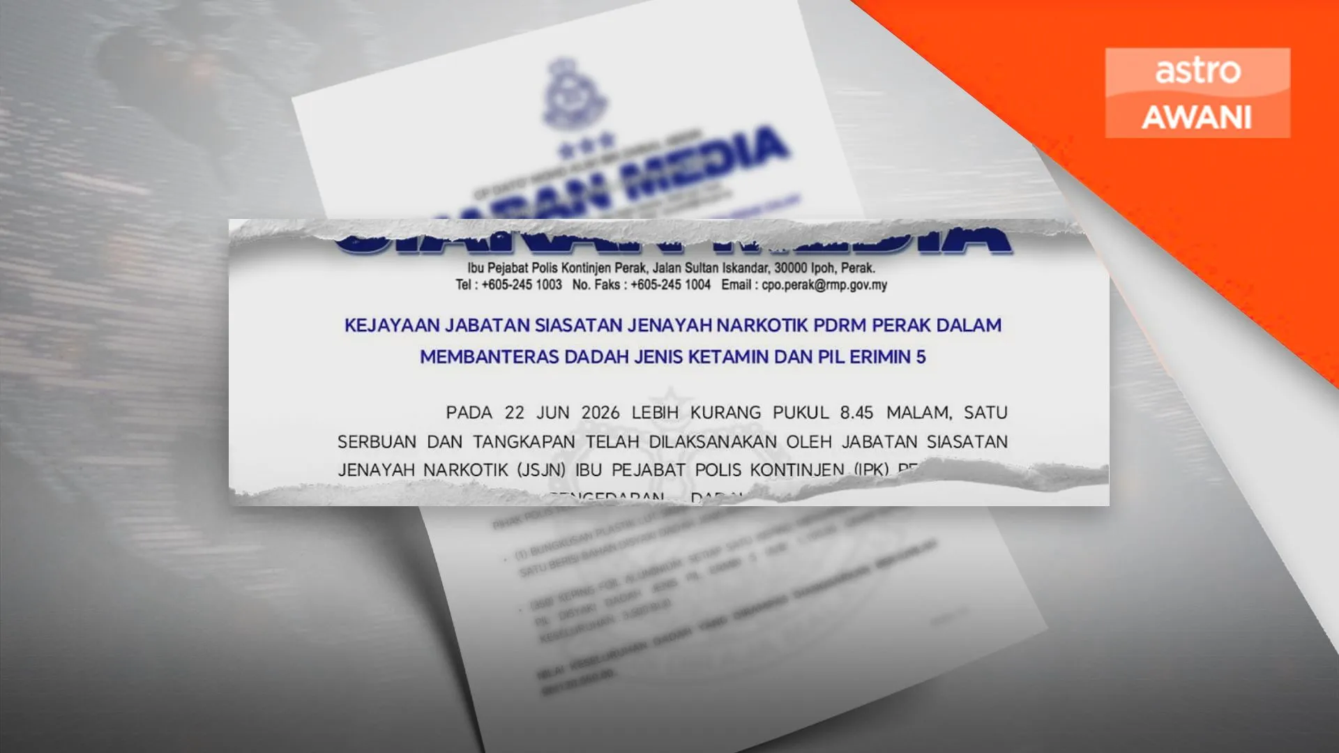 Polis tumpas sindiket dadah di Perak, rampas ketamin RM120,000