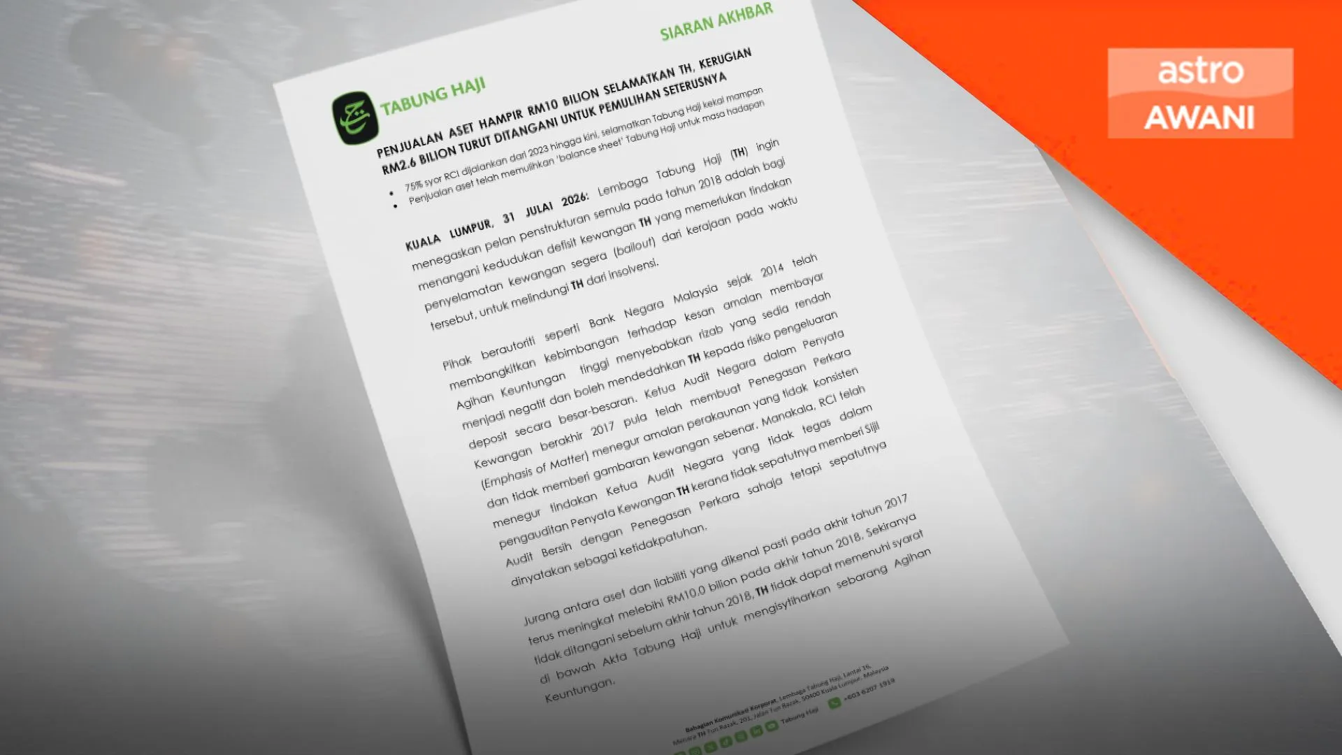 Penjualan aset hampir RM10 bilion pulihkan kedudukan kewangan Tabung Haji