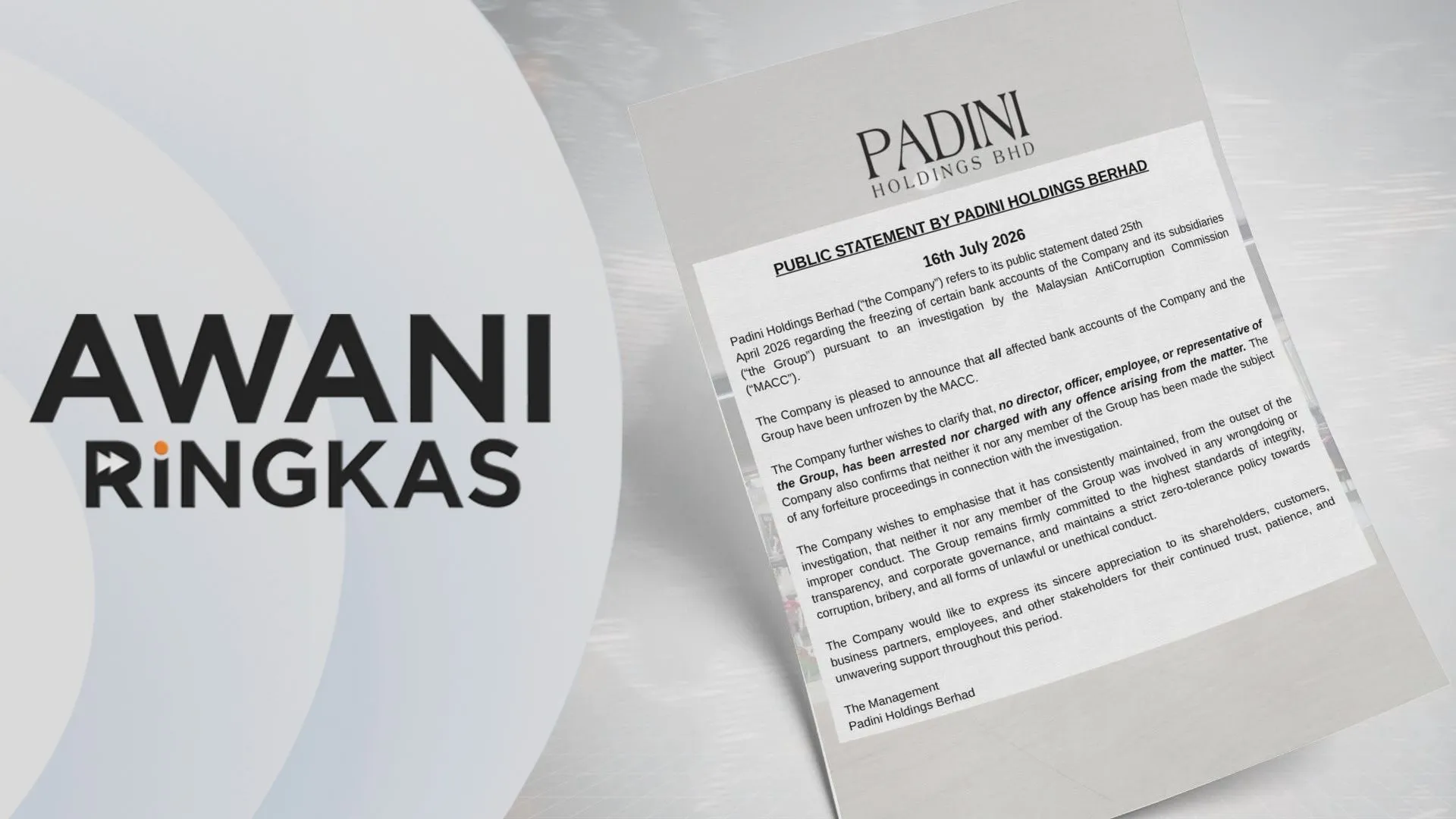 AWANI Ringkas: Padini sahkan semua akaun bank 'dibebaskan'