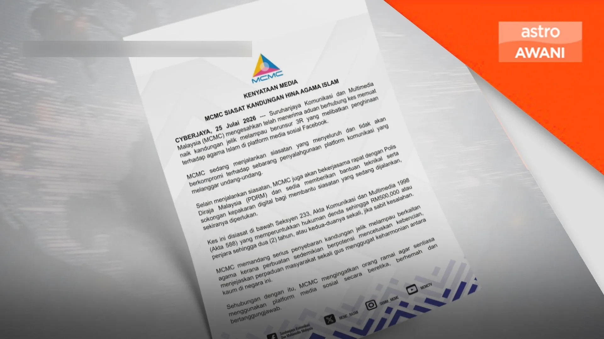 MCMC siasat kandungan didakwa hina Islam di Facebook