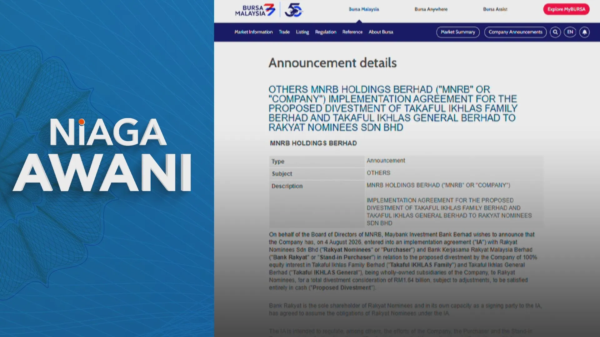 MNRB akan jual unit Takaful Ikhlas kepada anak syarikat Bank Rakyat dengan harga RM1.64 bilion