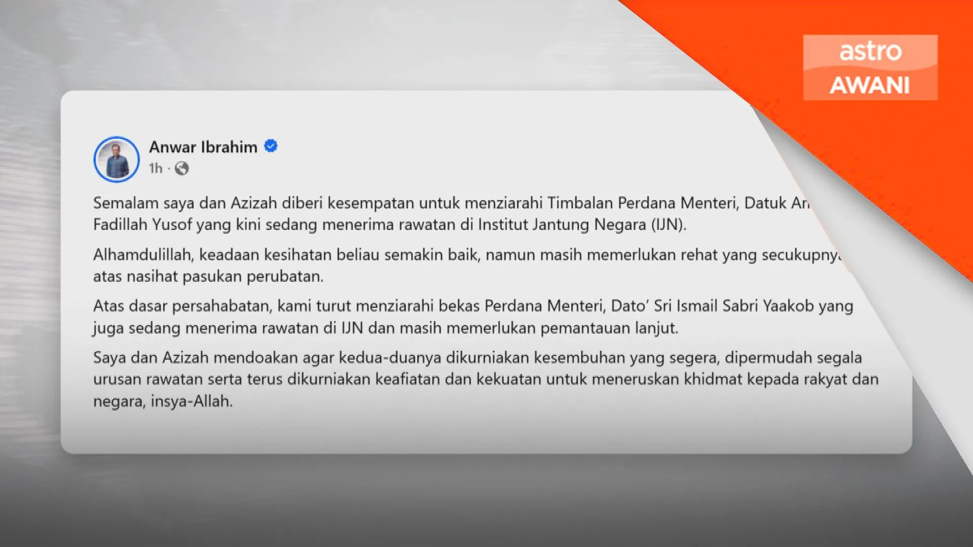 PM ziarah Fadillah dan Ismail Sabri di IJN