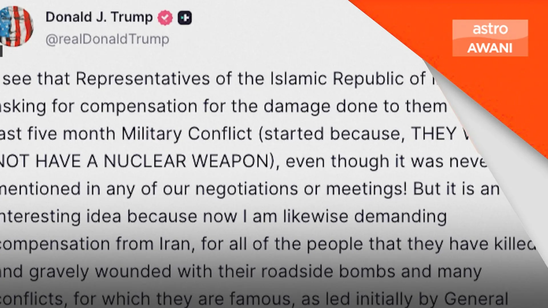 Trump tuntut Iran bayar pampasan dalam rundingan akan datang