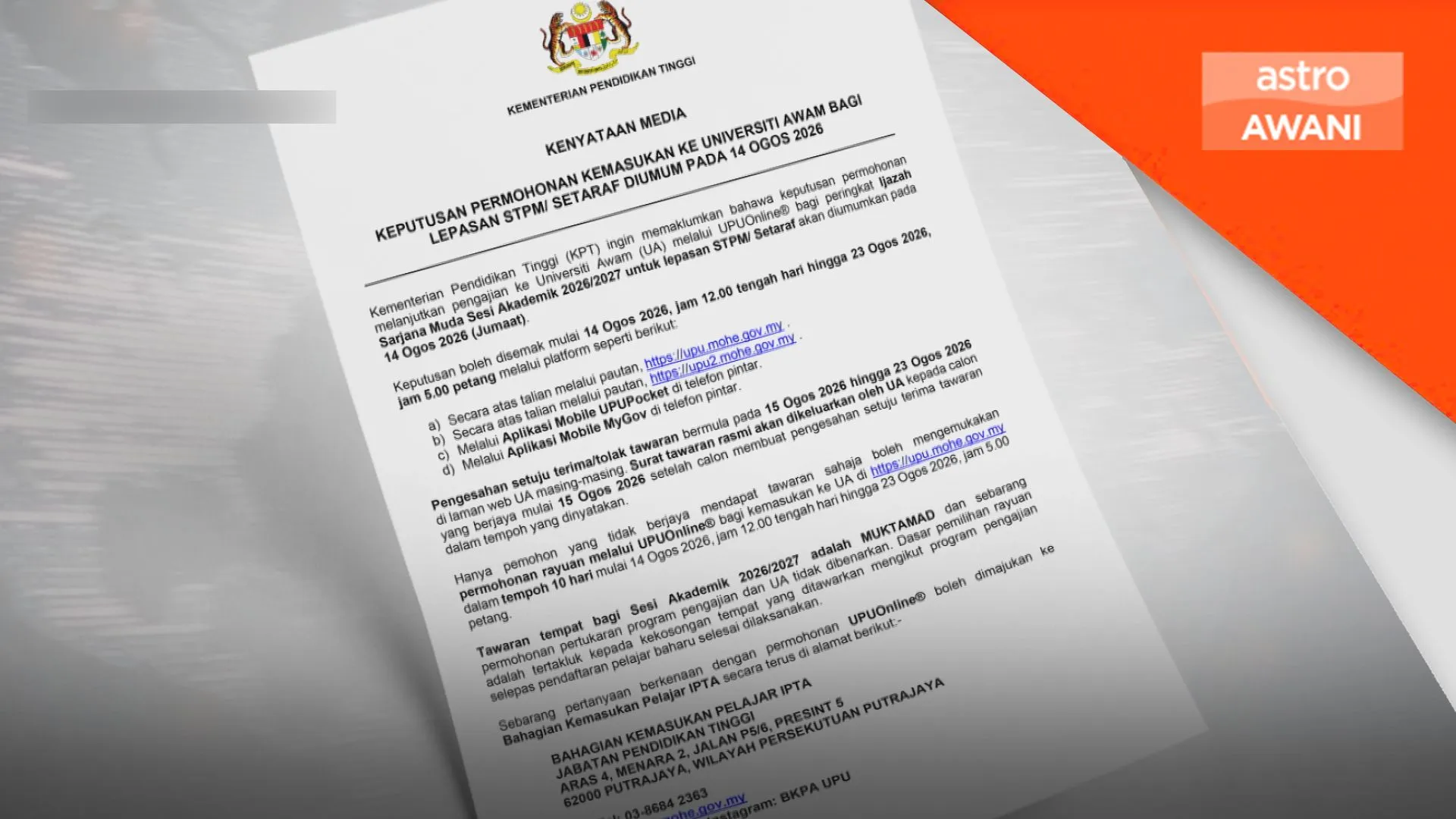Keputusan UPU lepasan STPM diumum 14 Ogos