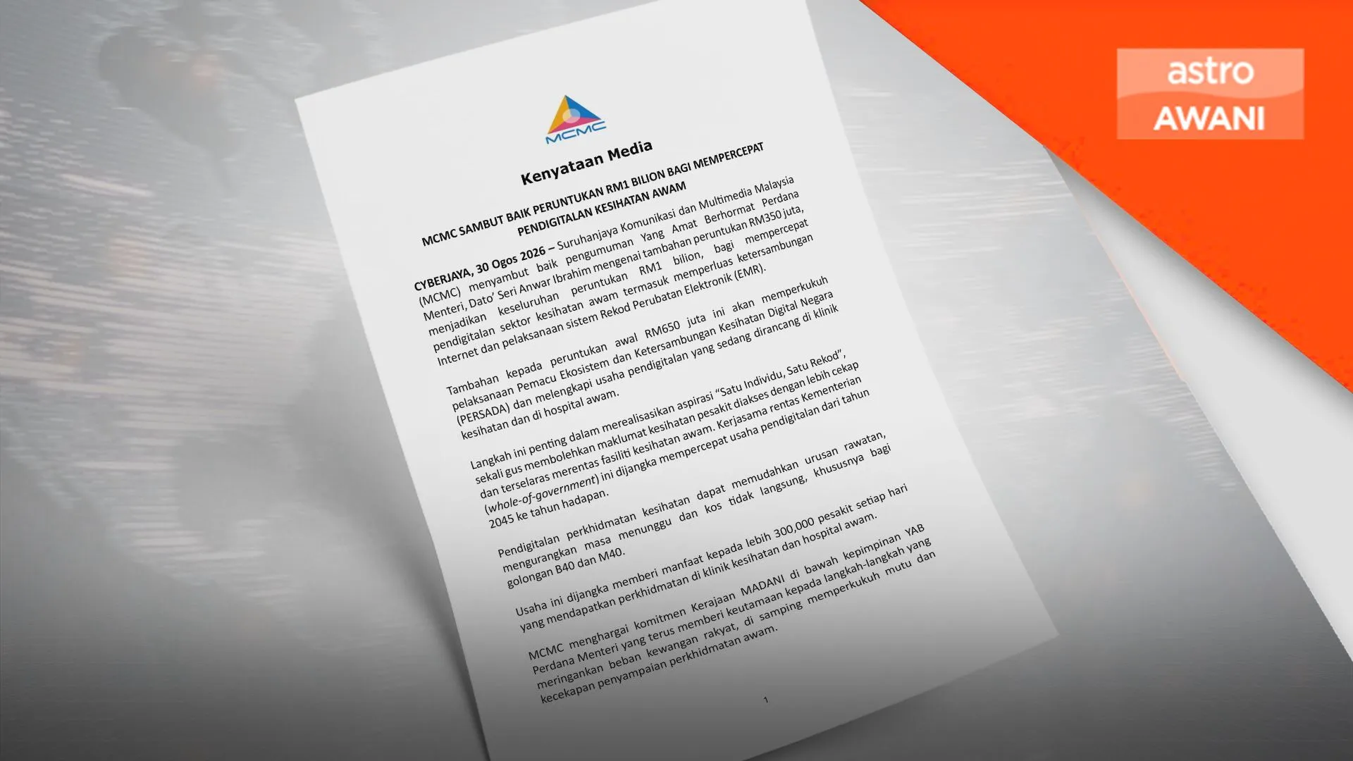 Dana RM1 bilion percepat reformasi kesihatan digital - MCMC
