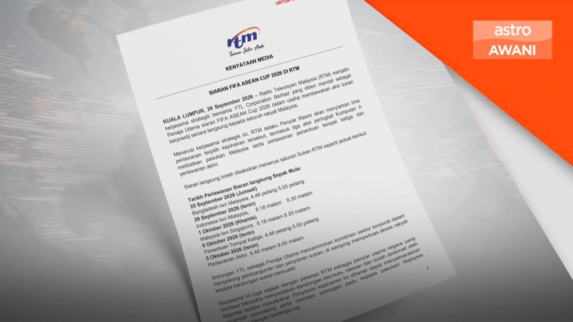 RTM siar lima aksi FIFA ASEAN Cup 2026