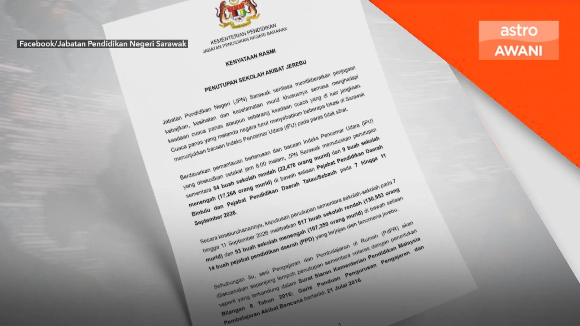 Semua sekolah di Bintulu, Tatau/Sebauh, Sarawak ditutup hingga 11 Sept, PdPR dilaksanakan