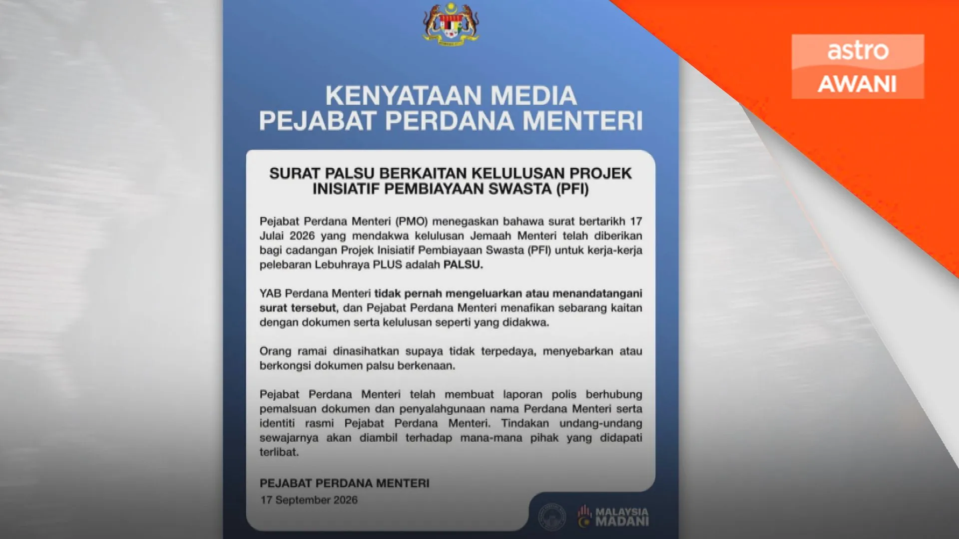 Surat ‘kelulusan Kabinet’ projek PLUS palsu, PMO lapor polis