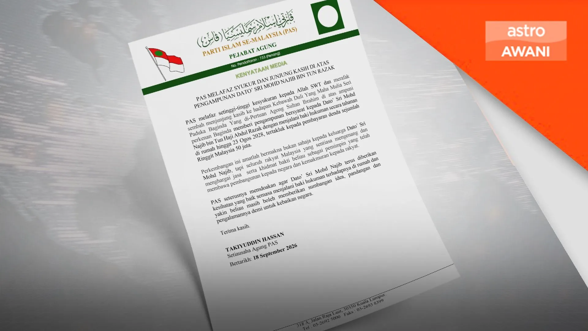 Tahanan Rumah:Najib masih mampu sumbang idea demi negara – PAS