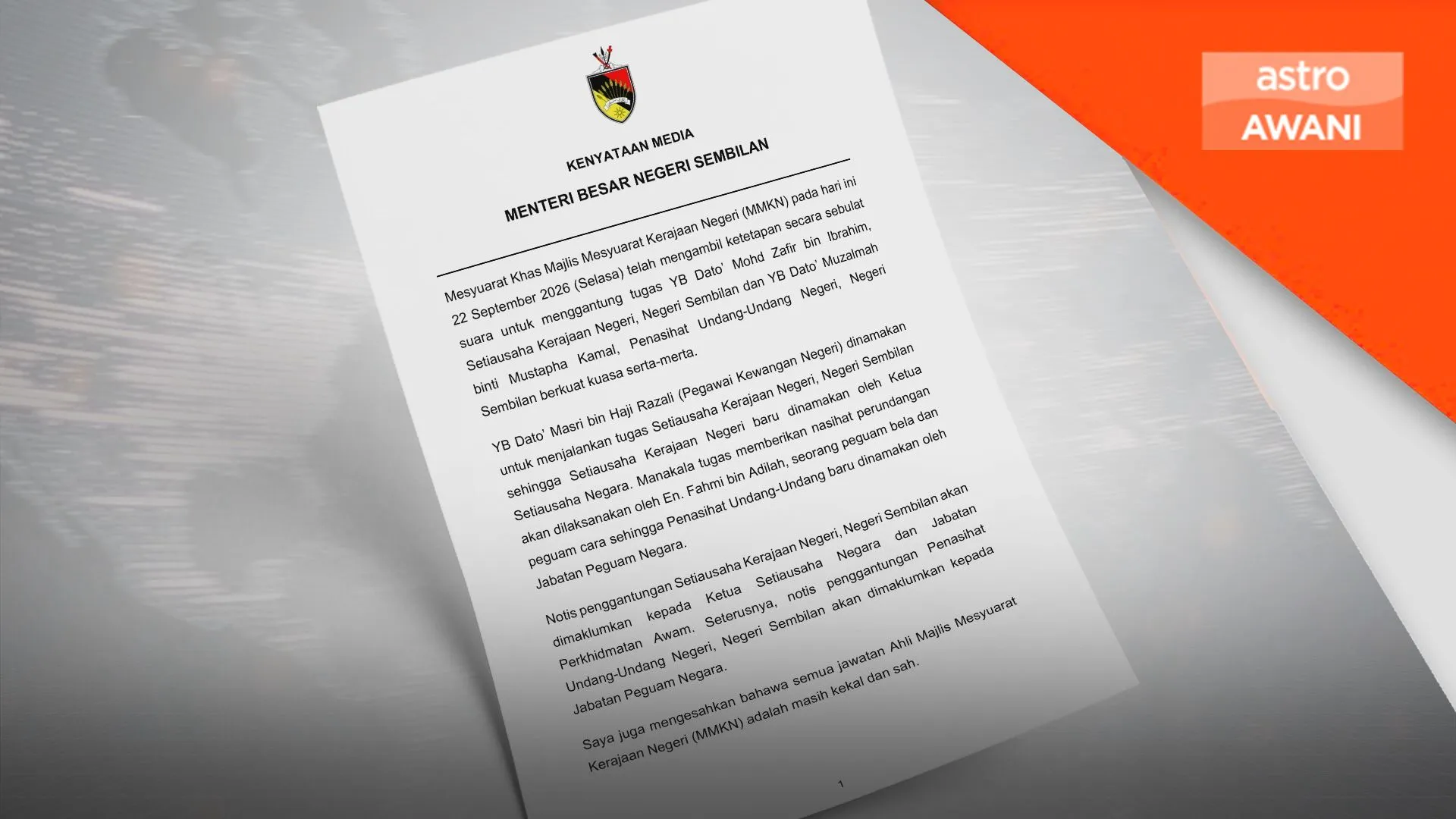 N.Sembilan gantung tugas SUK, Penasihat Undang-undang serta merta