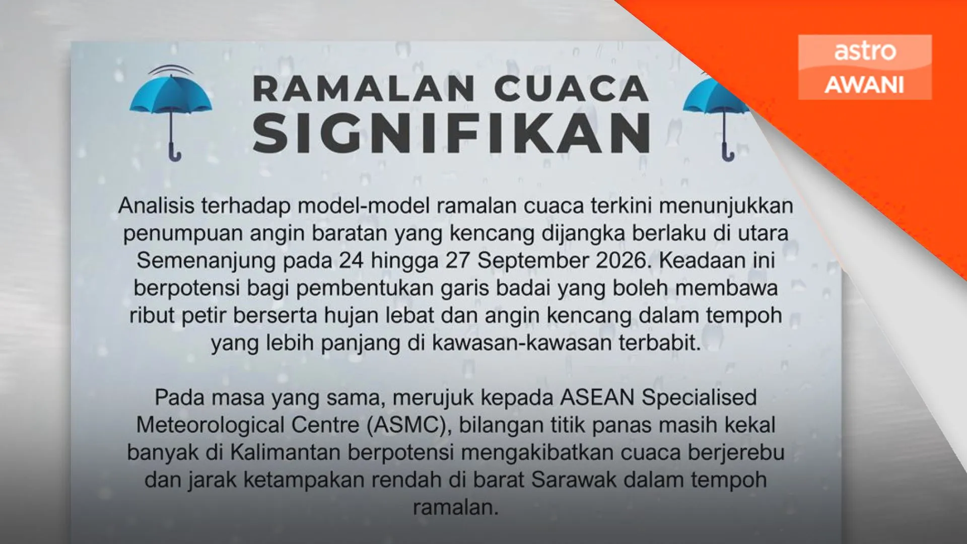 Angin baratan kencang dijangka melanda utara Semenanjung bermula Khamis