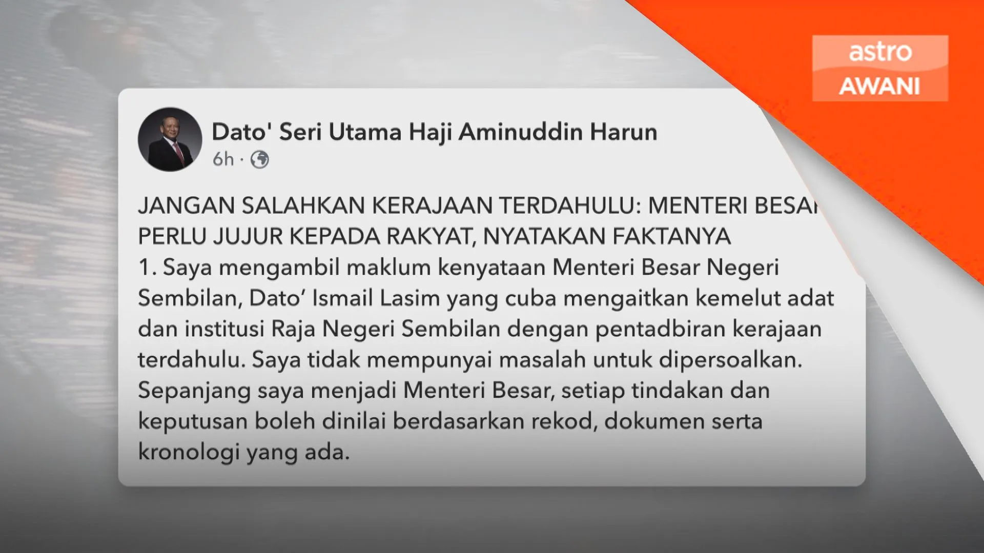 Aminuddin cabar Ismail nyatakan fakta kemelut adat