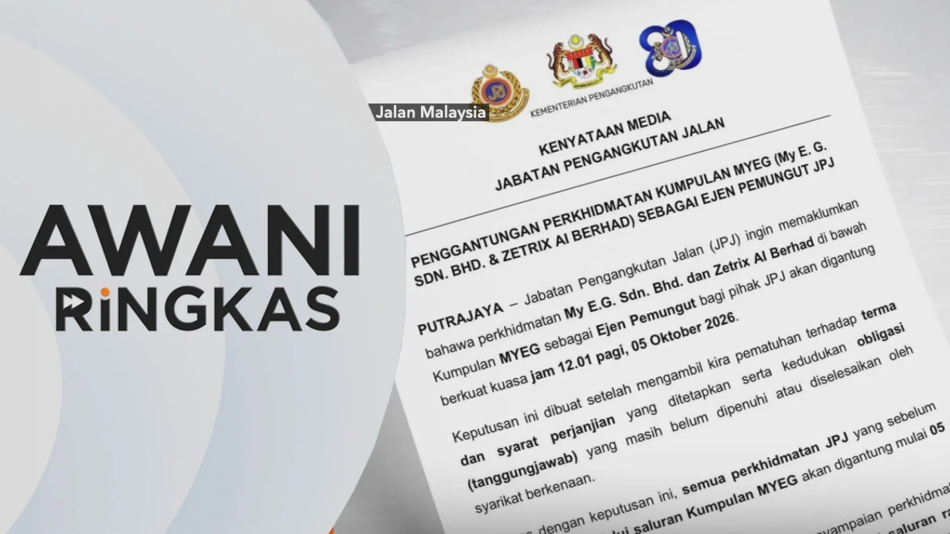 AWANI Ringkas: JPJ gantung perkhidmatan Kumpulan MYEG mulai 5 Okt