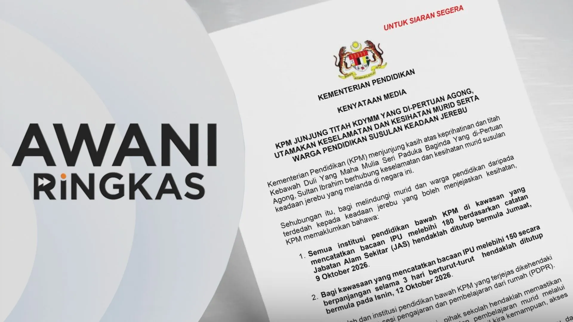 AWANI Ringkas: Sekolah di kawasan IPU melebihi 180 diarahkan tutup - KPM