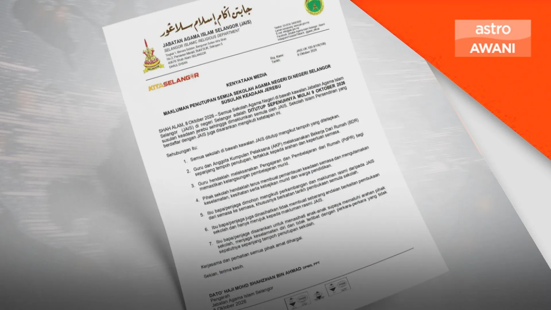 JAIS tutup semua sekolah agama di Selangor