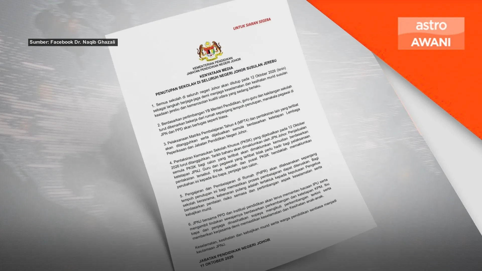 JPNJ keluar pemakluman harian berhubung penutupan sekolah