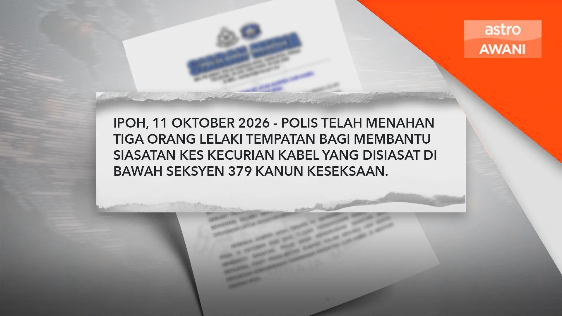 Tiga lelaki ditahan, 65 batang kabel dirampas