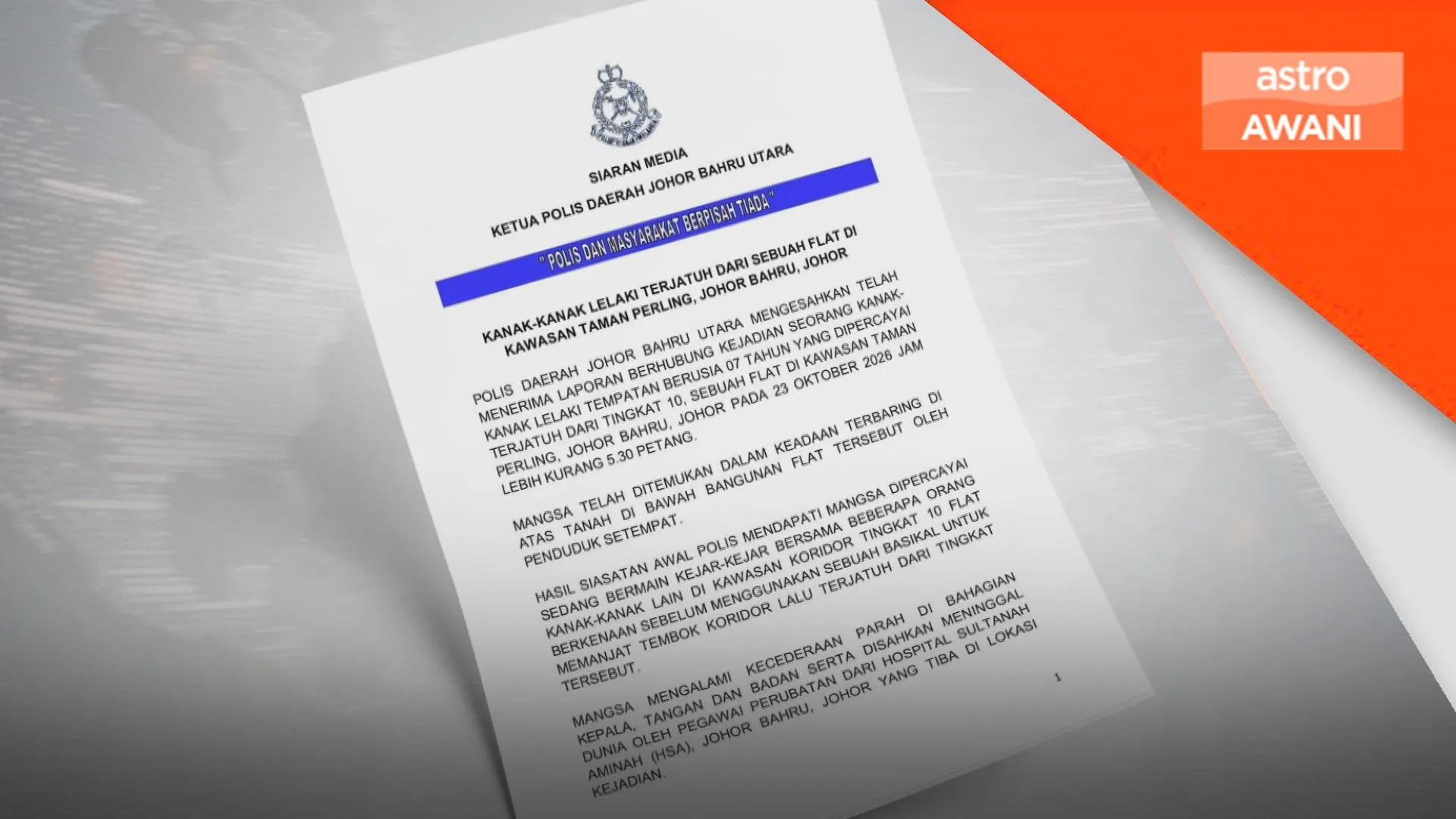 Kanak-kanak lelaki maut terjatuh dari tingkat 10