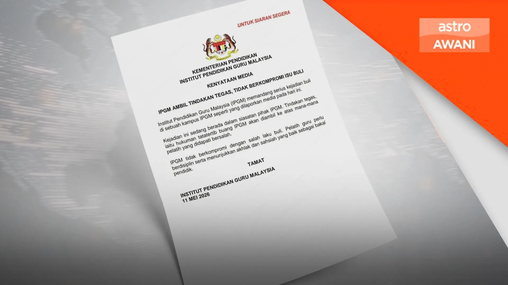 Kes buli di IPG sedang dalam siasatan - IPGM