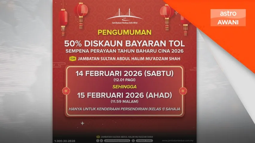 JKSB umum diskaun tol 50 peratus di Jambatan Kedua 14–15 Februari