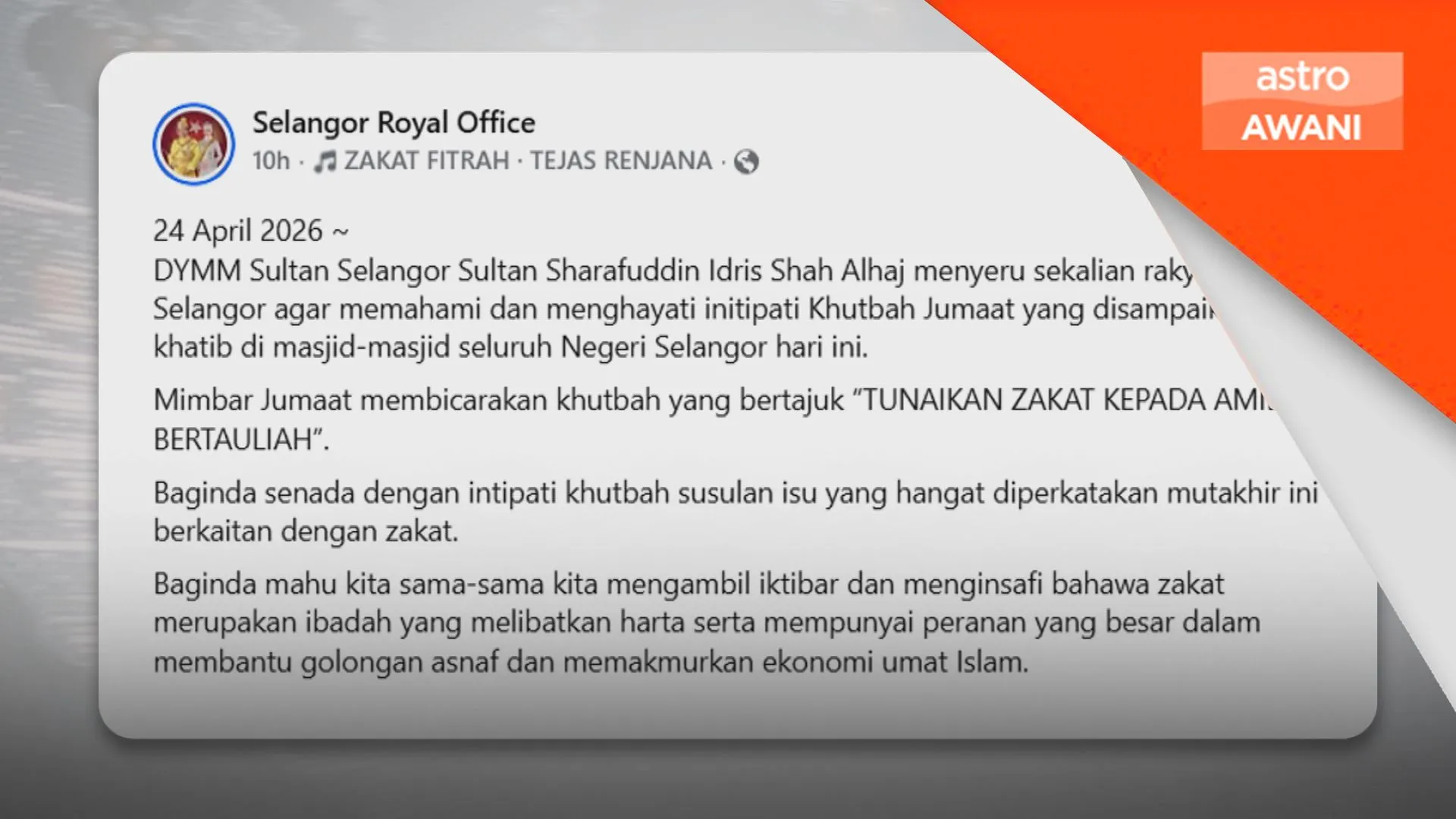 Sultan Selangor: Titah umat Islam tunai zakat di saluran sah