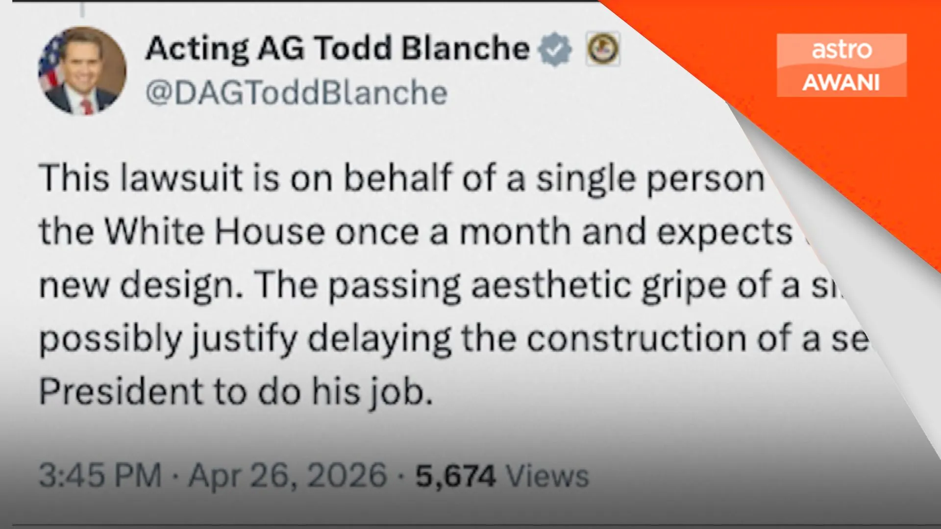 DOJ mahu halangan pembinaan dewan White House digugurkan