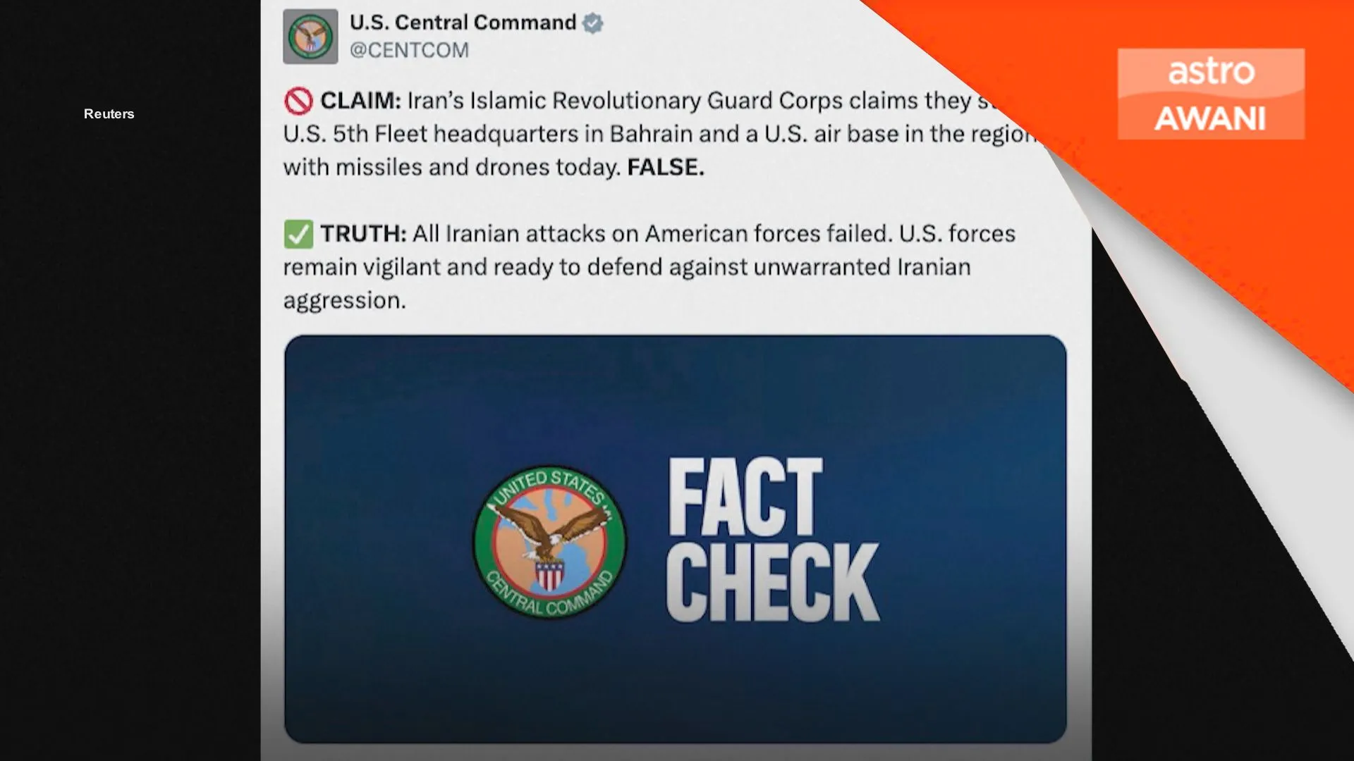 CENTCOM nafi serangan Iran ke atas pangkalan AS