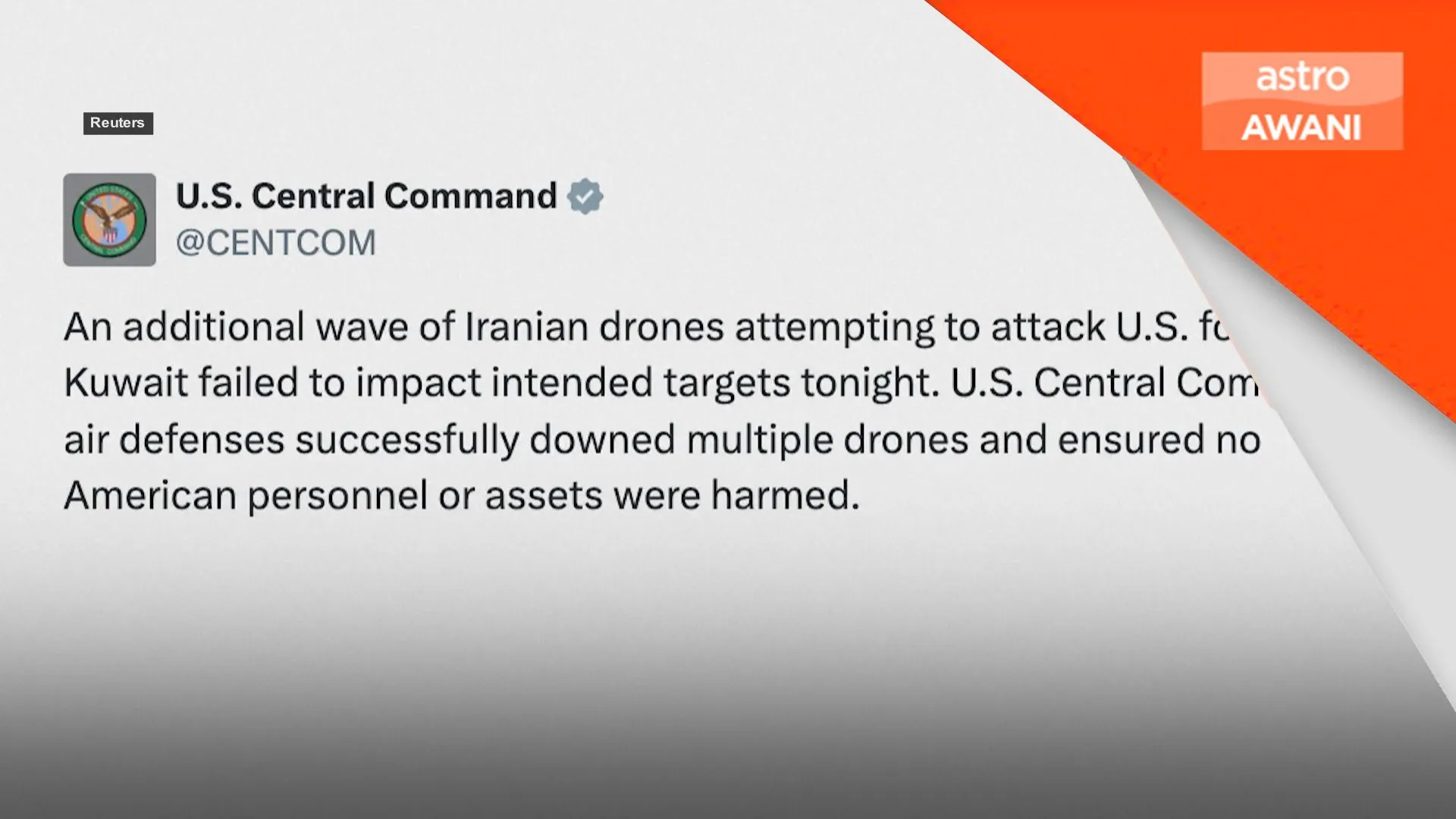 CENTCOM dakwa pintas dron Iran sasar tentera AS
