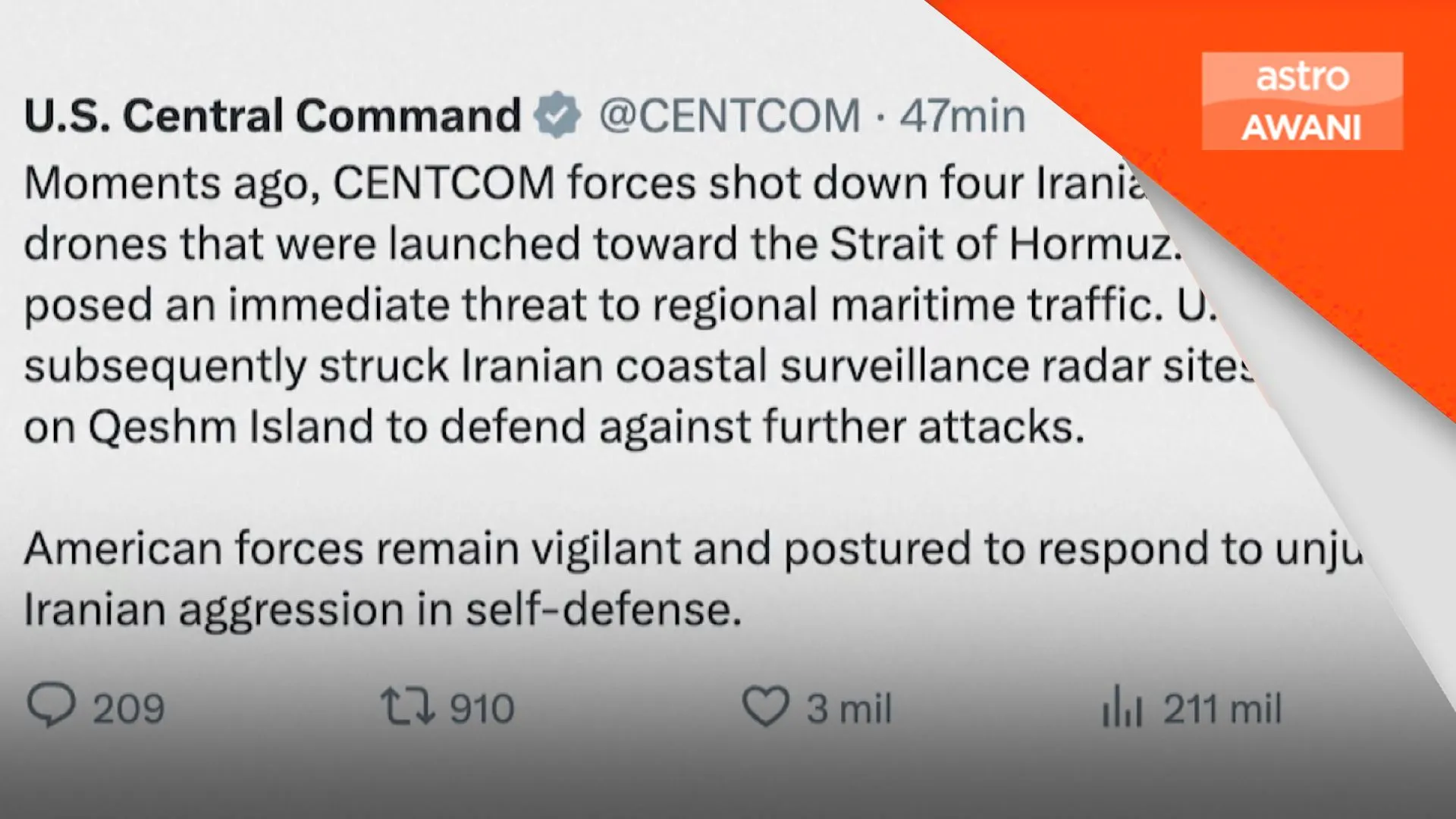 AS tembak jatuh empat dron Iran di Selat Hormuz