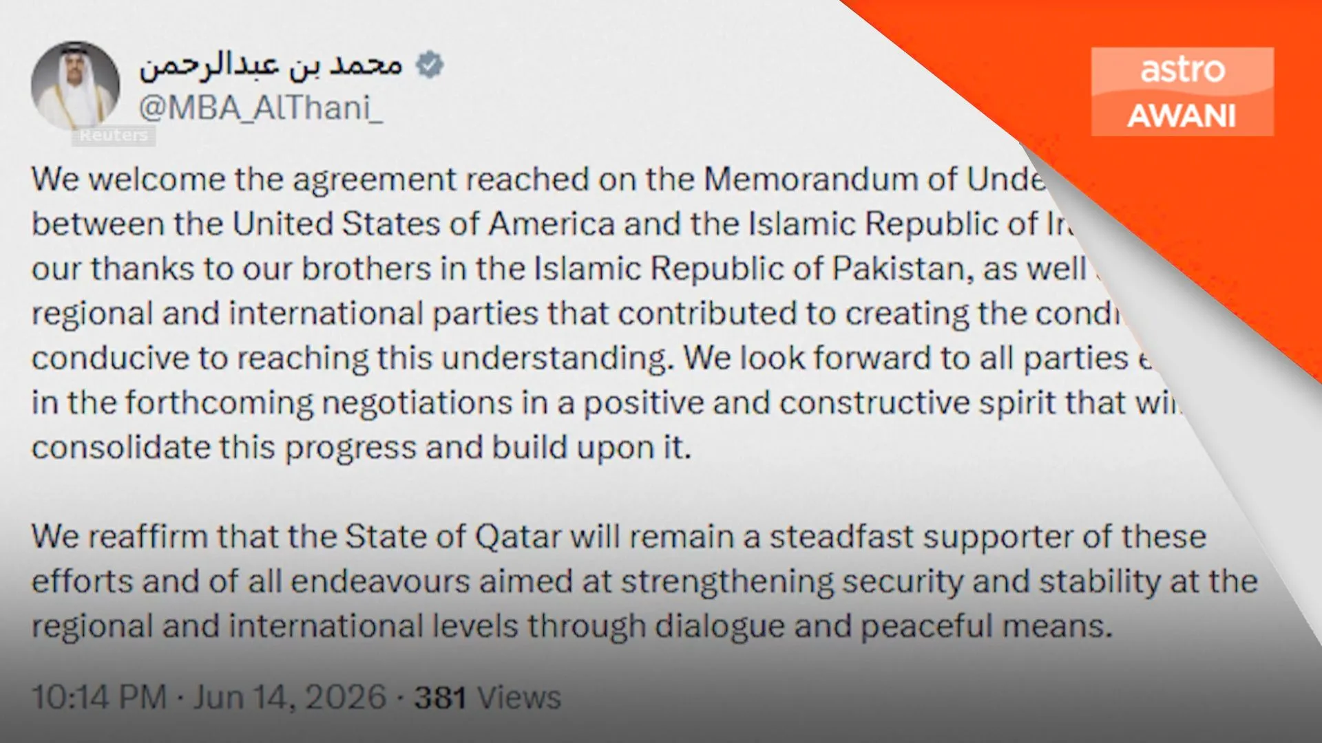 Qatar alu-alukan perjanjian damai AS–Iran