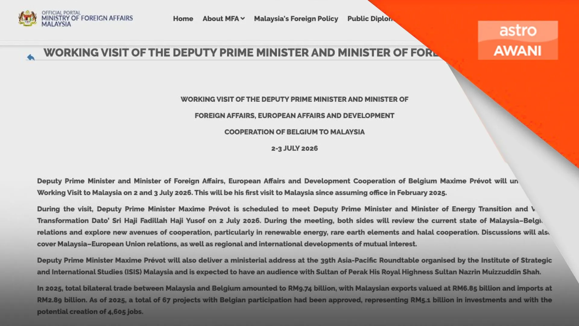 TPM Belgium lawat Malaysia pada Khamis, bincang kerjasama tenaga boleh baharu