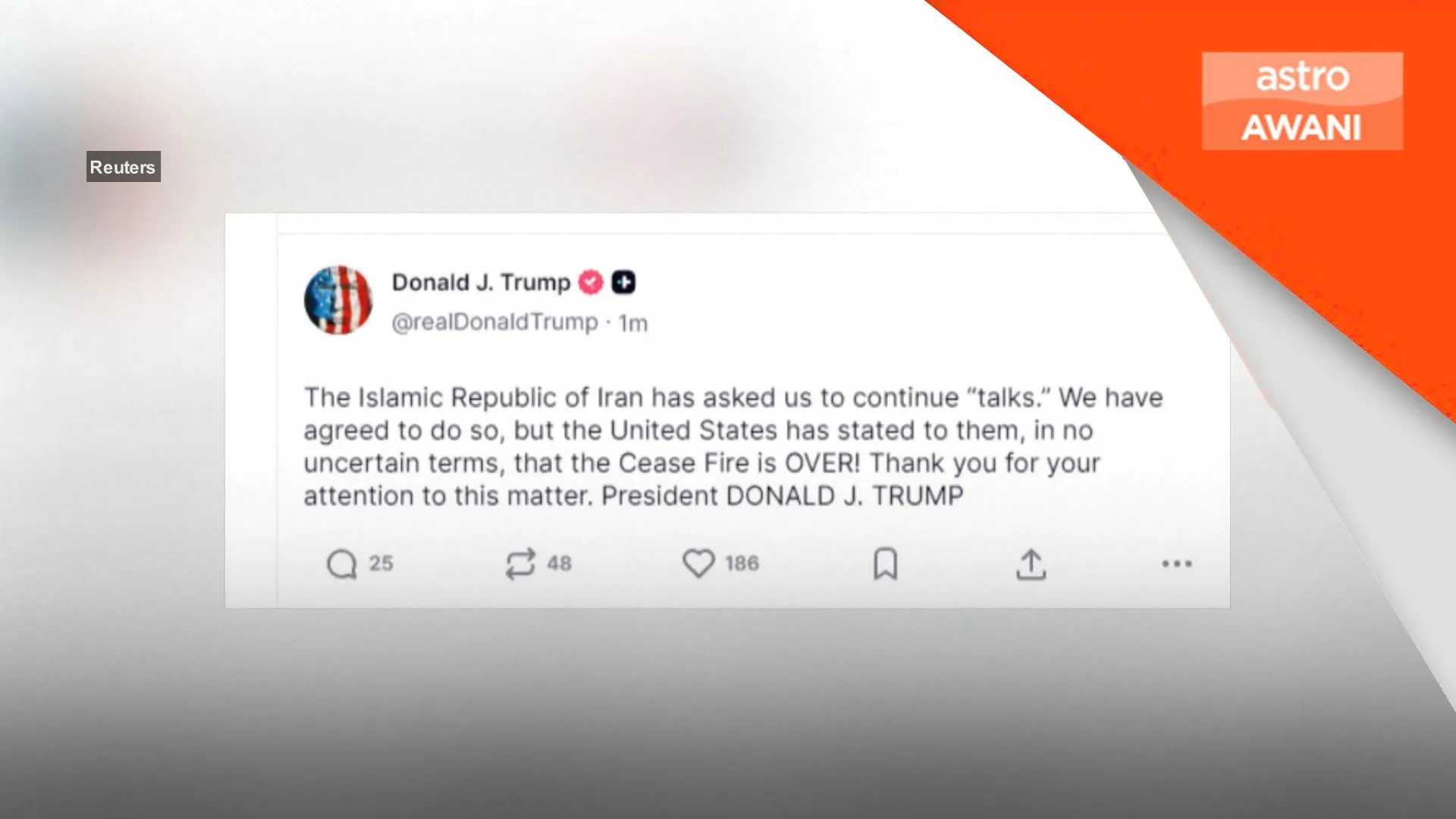 AS setuju teruskan rundingan dengan Iran, Trump isytihar gencatan senjata berakhir
