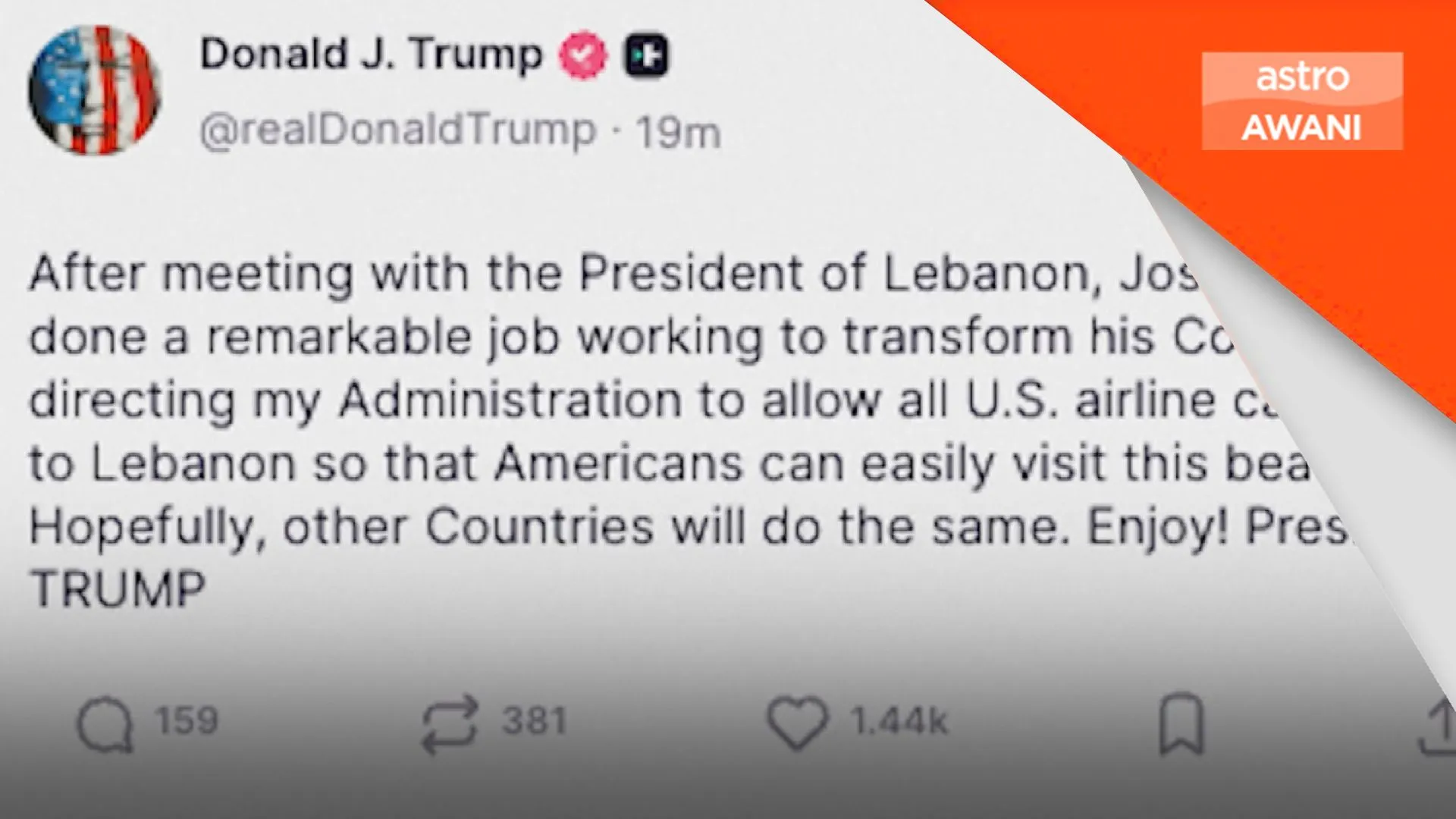 Trump arah penerbangan terus AS ke Lubnan dibuka