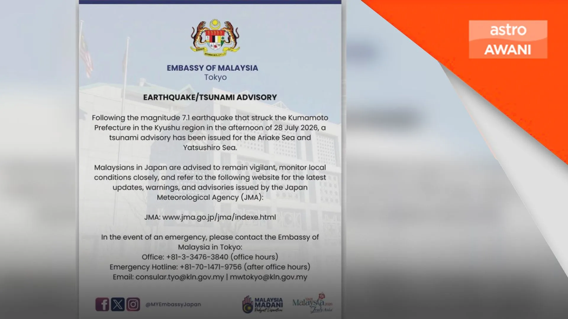Rakyat Malaysia di Jepun diminta kekal berwaspada