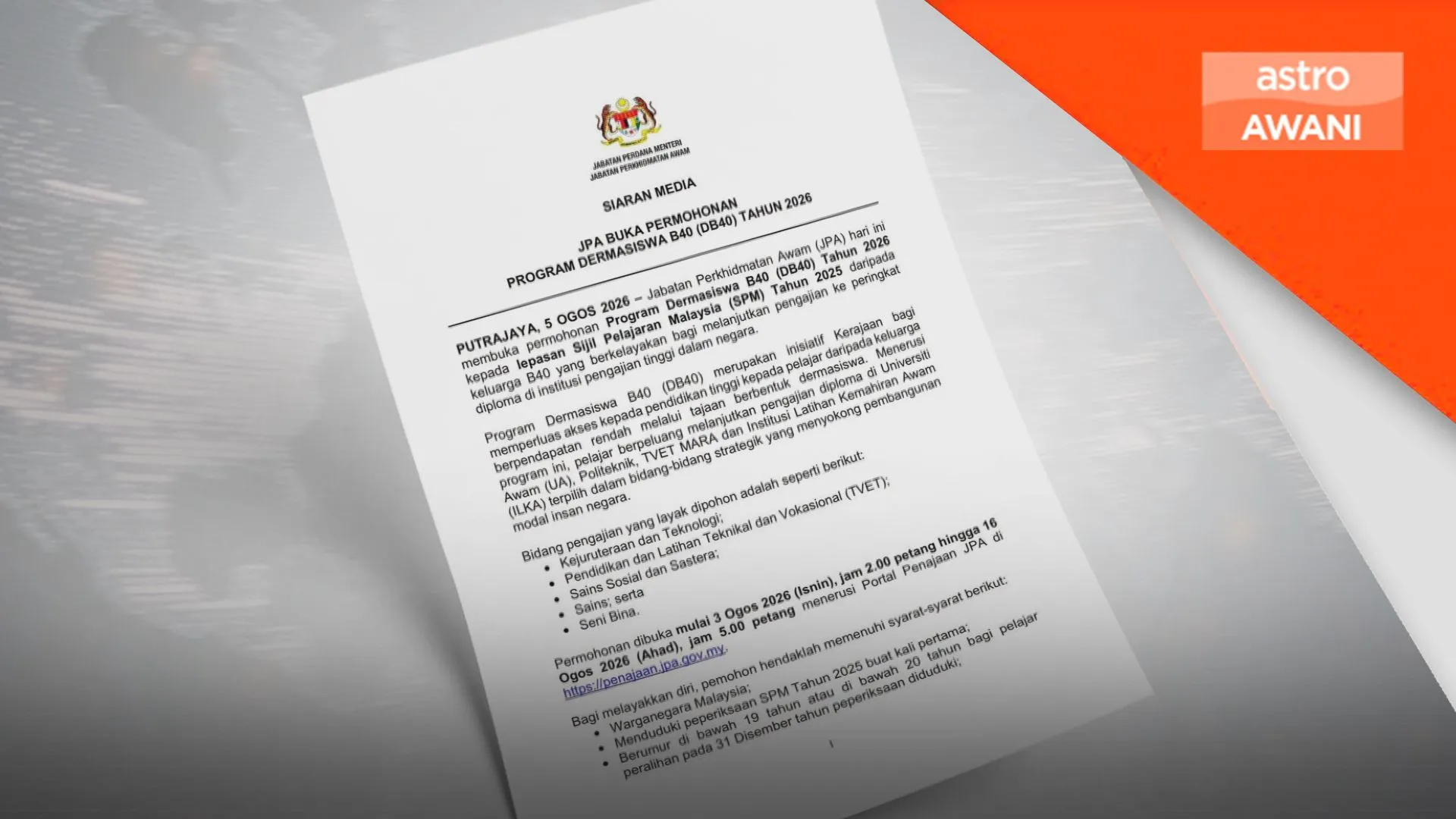 JPA buka permohonan Program Dermasiswa B40 (DB40) Tahun 2026