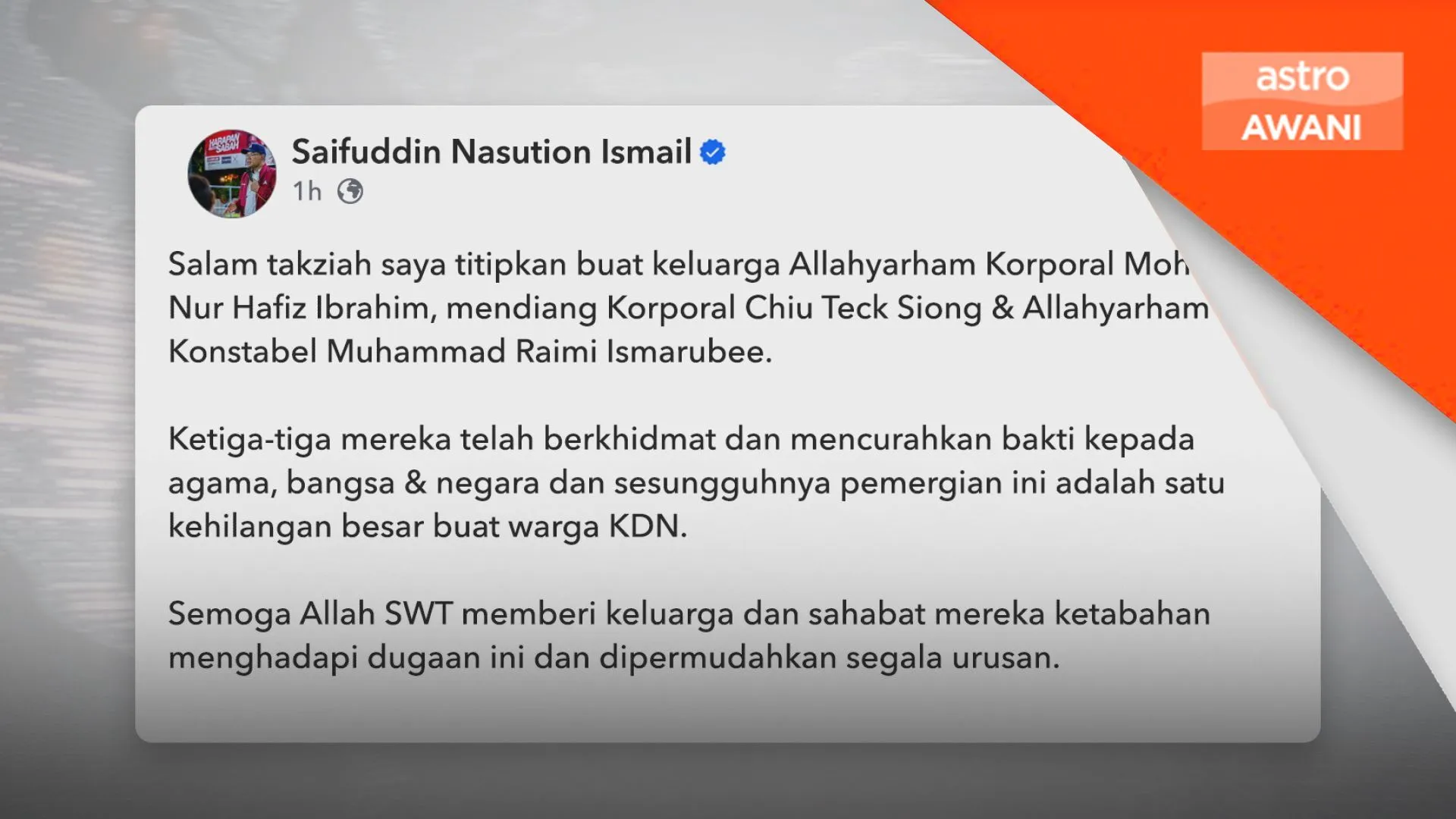 Siasatan segera kes renjatan elektrik tiga anggota polis - Saifuddin Nasution