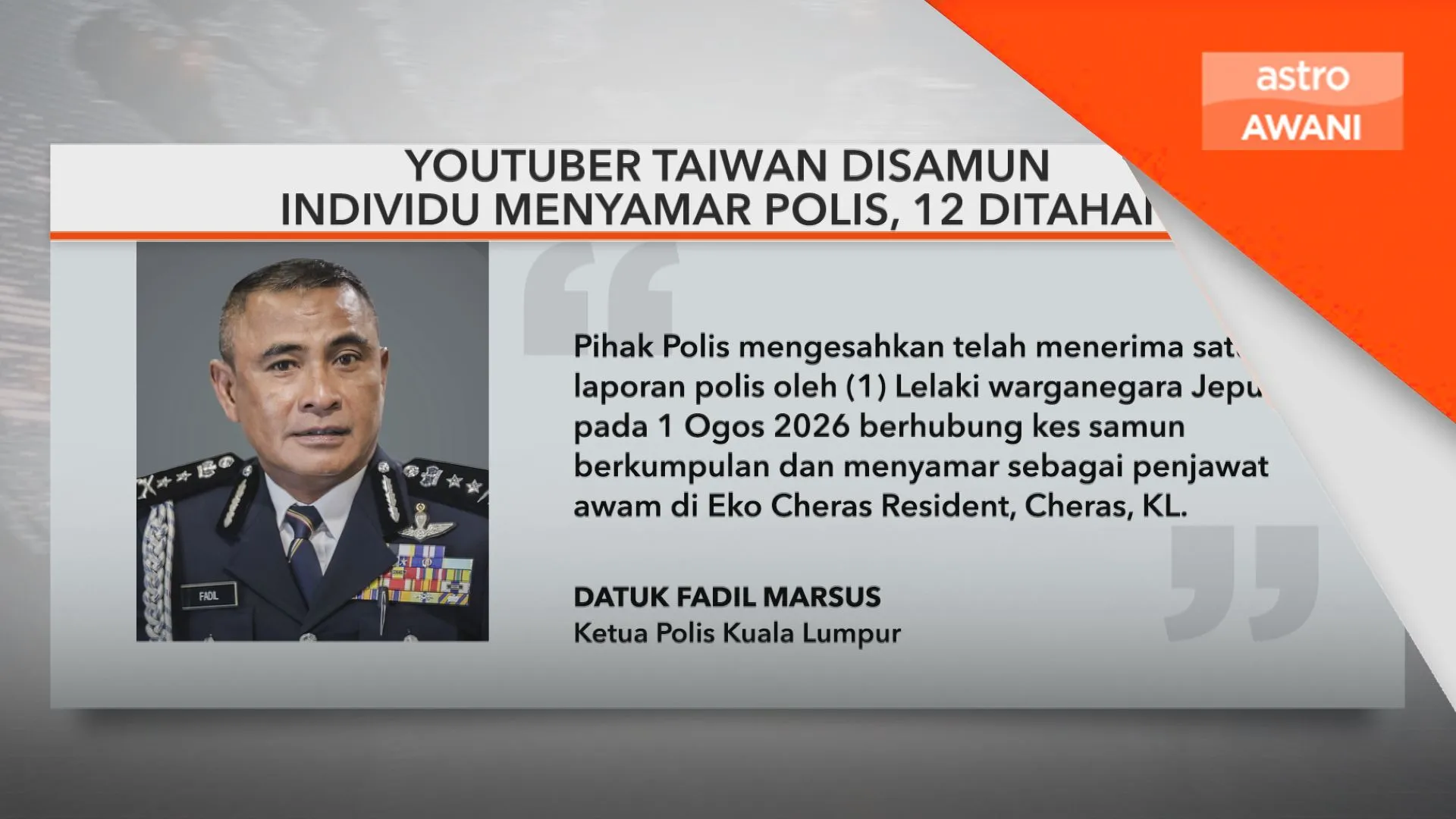 YouTuber Taiwan disamun individu menyamar polis, 12 ditahan