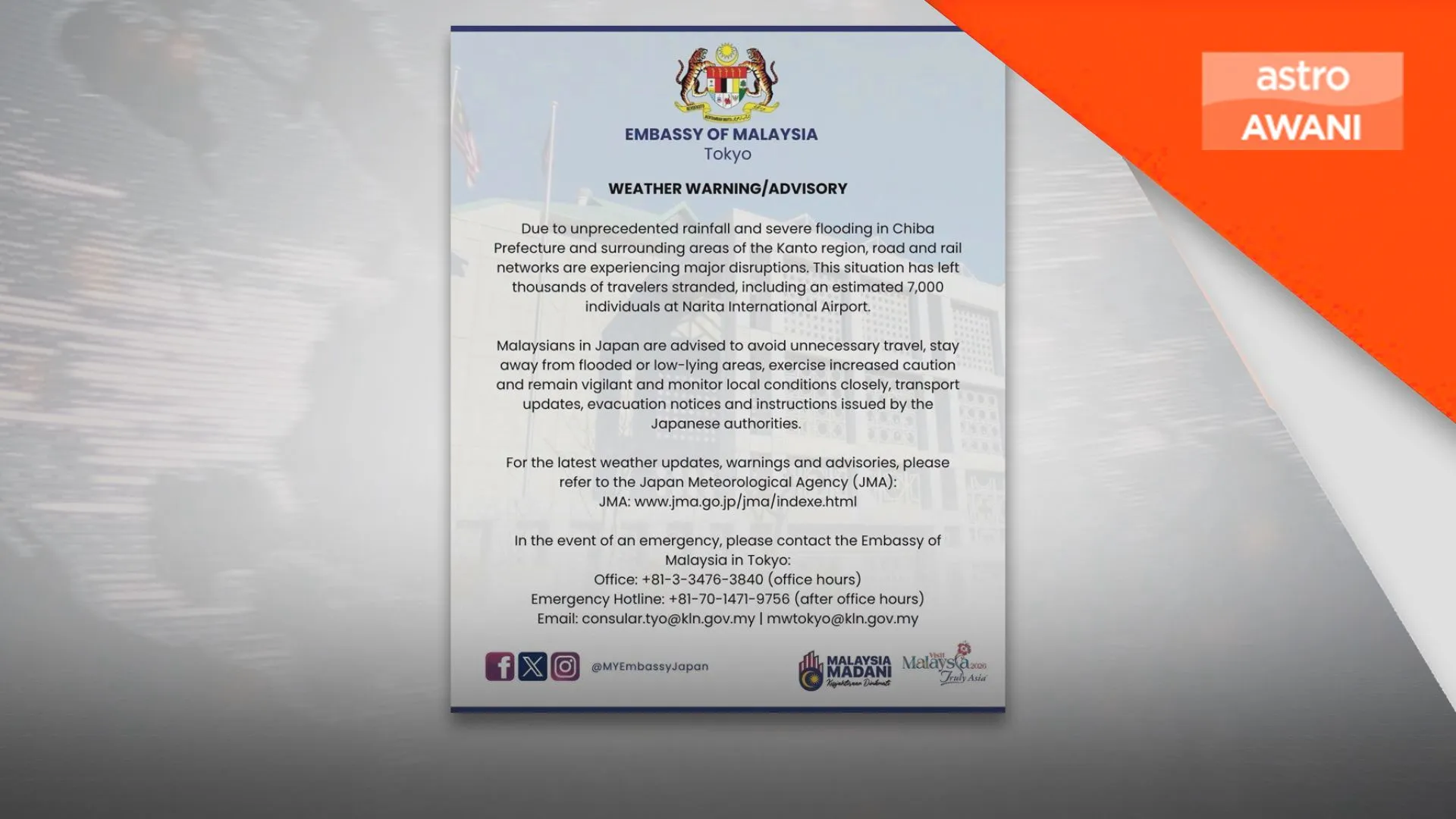 Rakyat Malaysia di Jepun dinasihat elak perjalanan