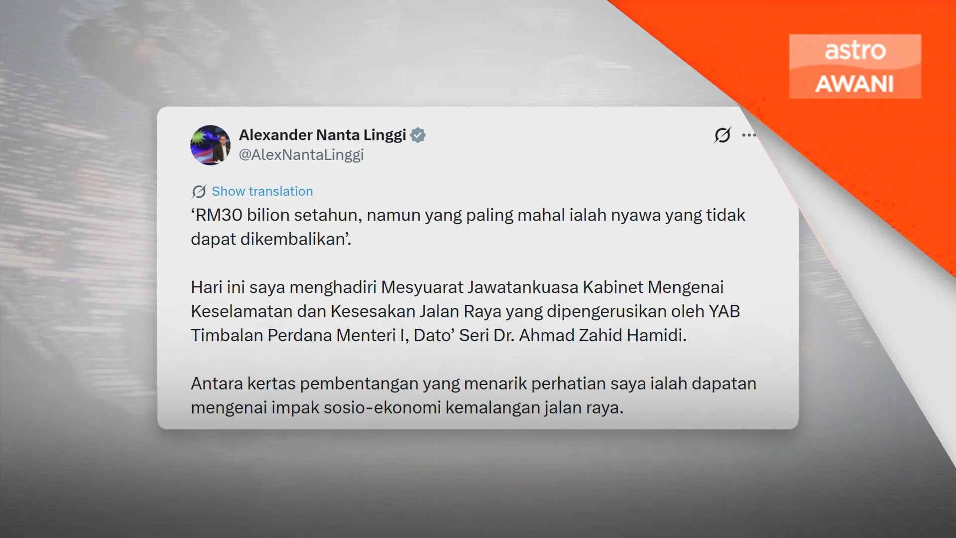 Impak sosioekonomi RM30 bilion setahun akibat kemalangan jalan raya