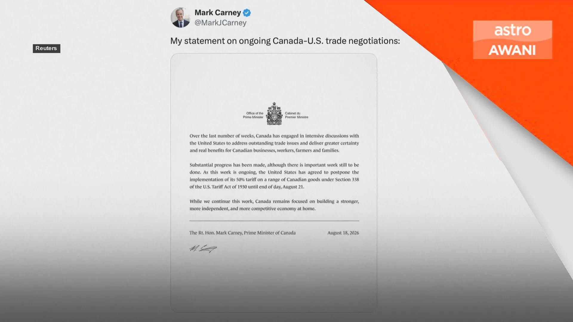 AS-Kanada capai kemajuan dalam rundingan - Carney