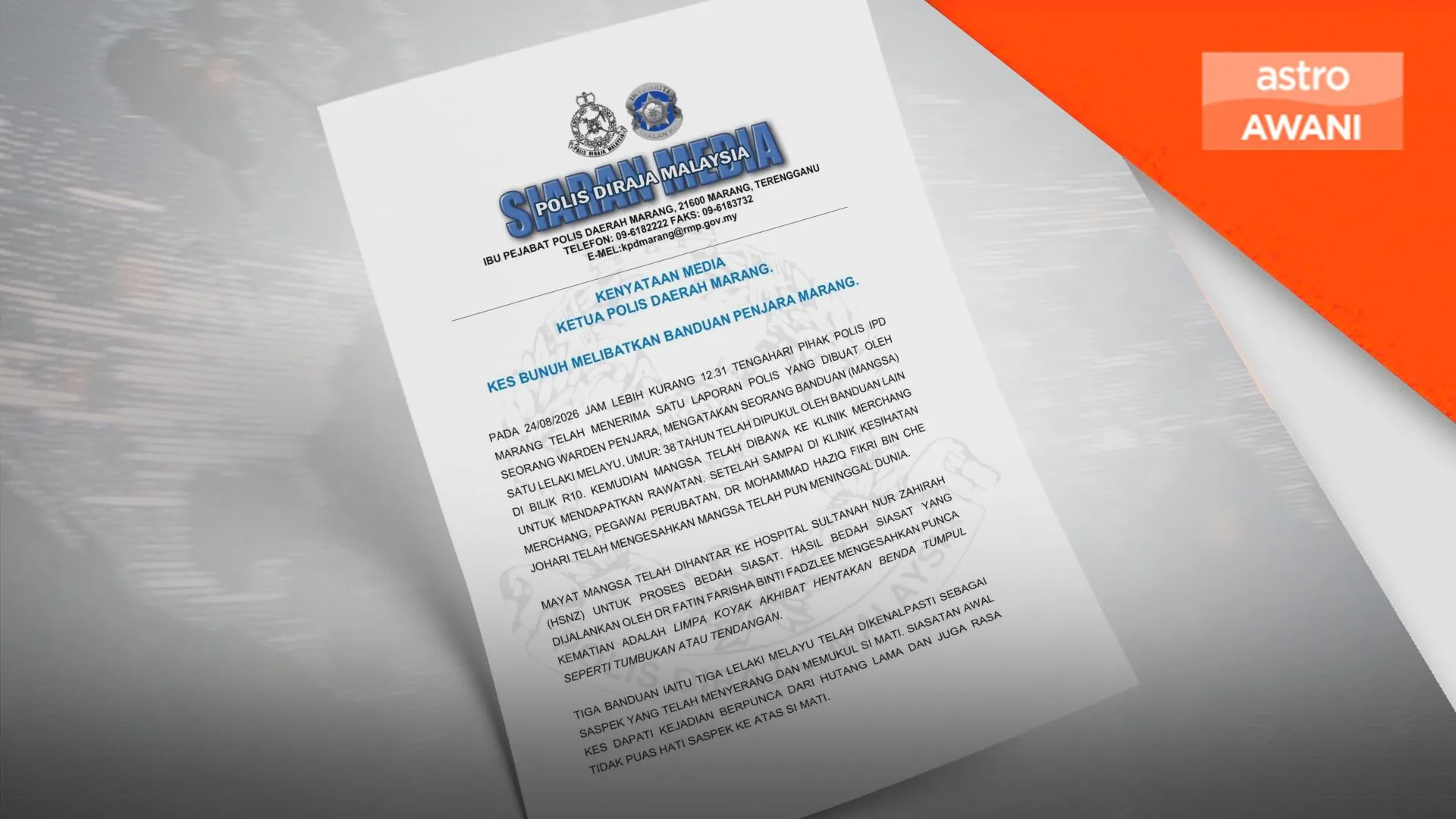 Banduan maut dipukul dalam penjara oleh tiga suspek