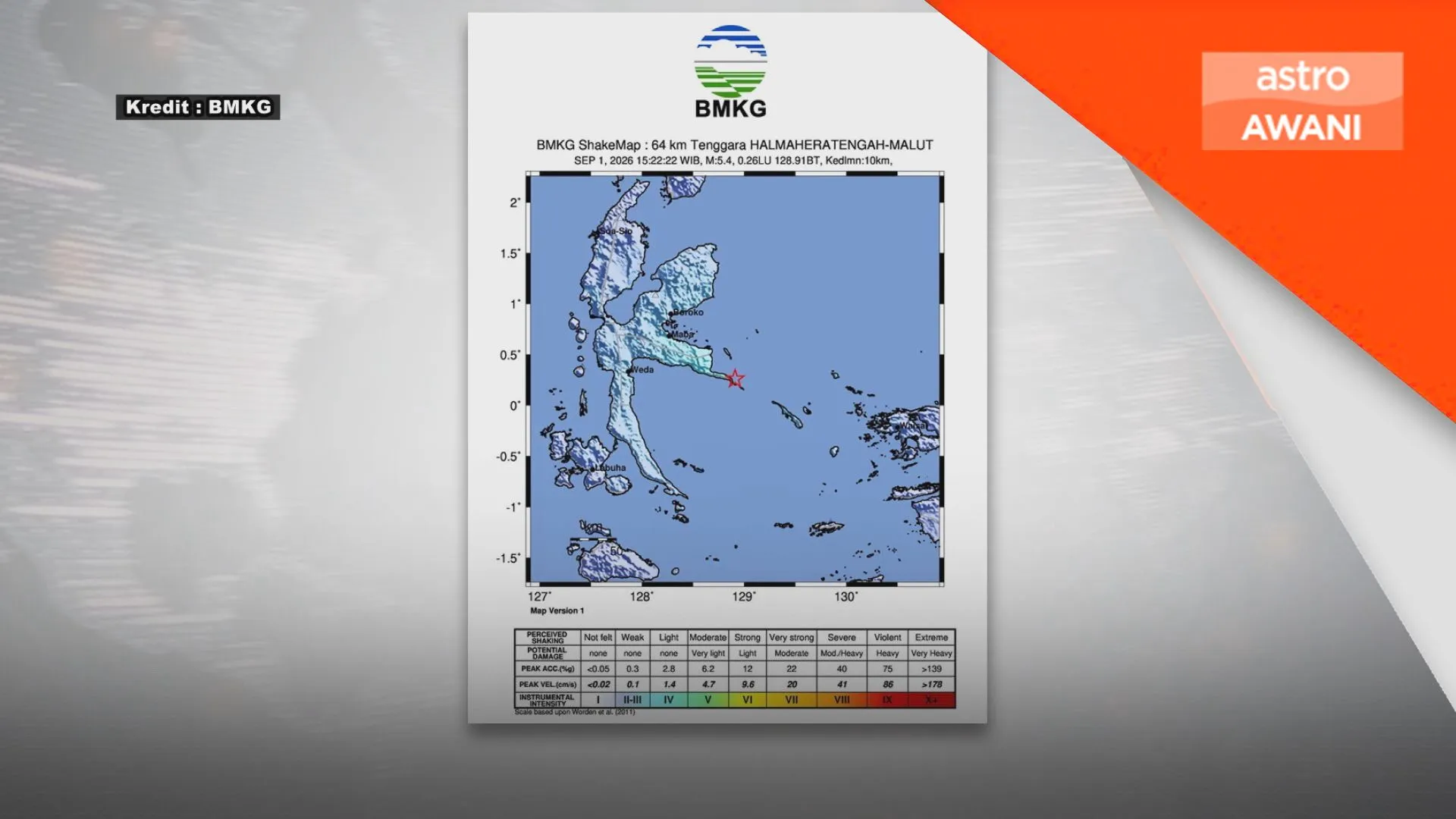Gempa 5.4 gegar Halmahera, tiada ancaman tsunami