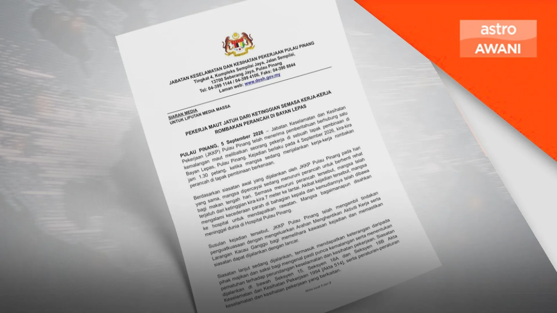 Pekerja pembinaan maut jatuh dari perancah di Bayan Lepas