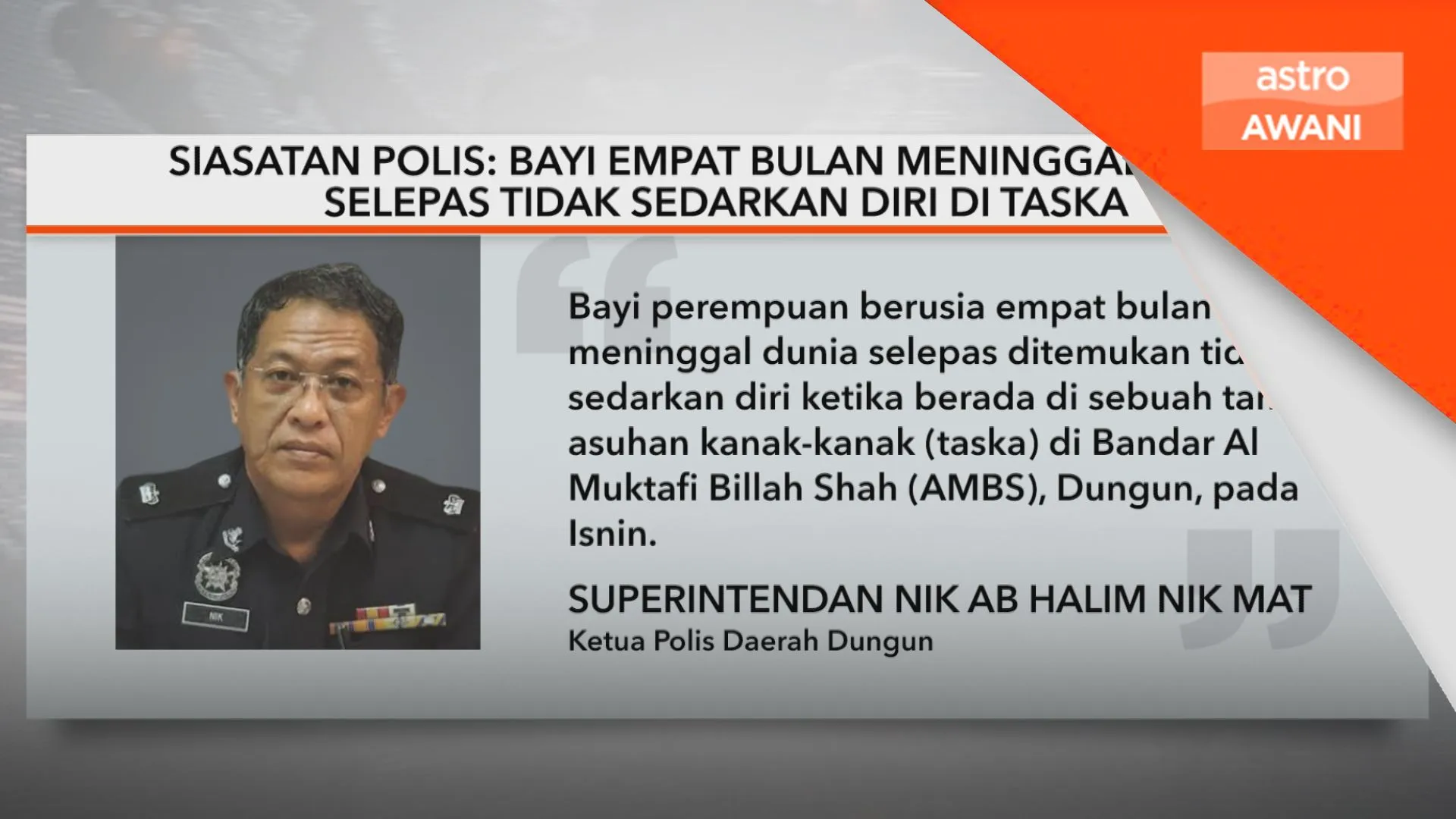 Bayi empat bulan meninggal dunia selepas tidak sedarkan diri di taska