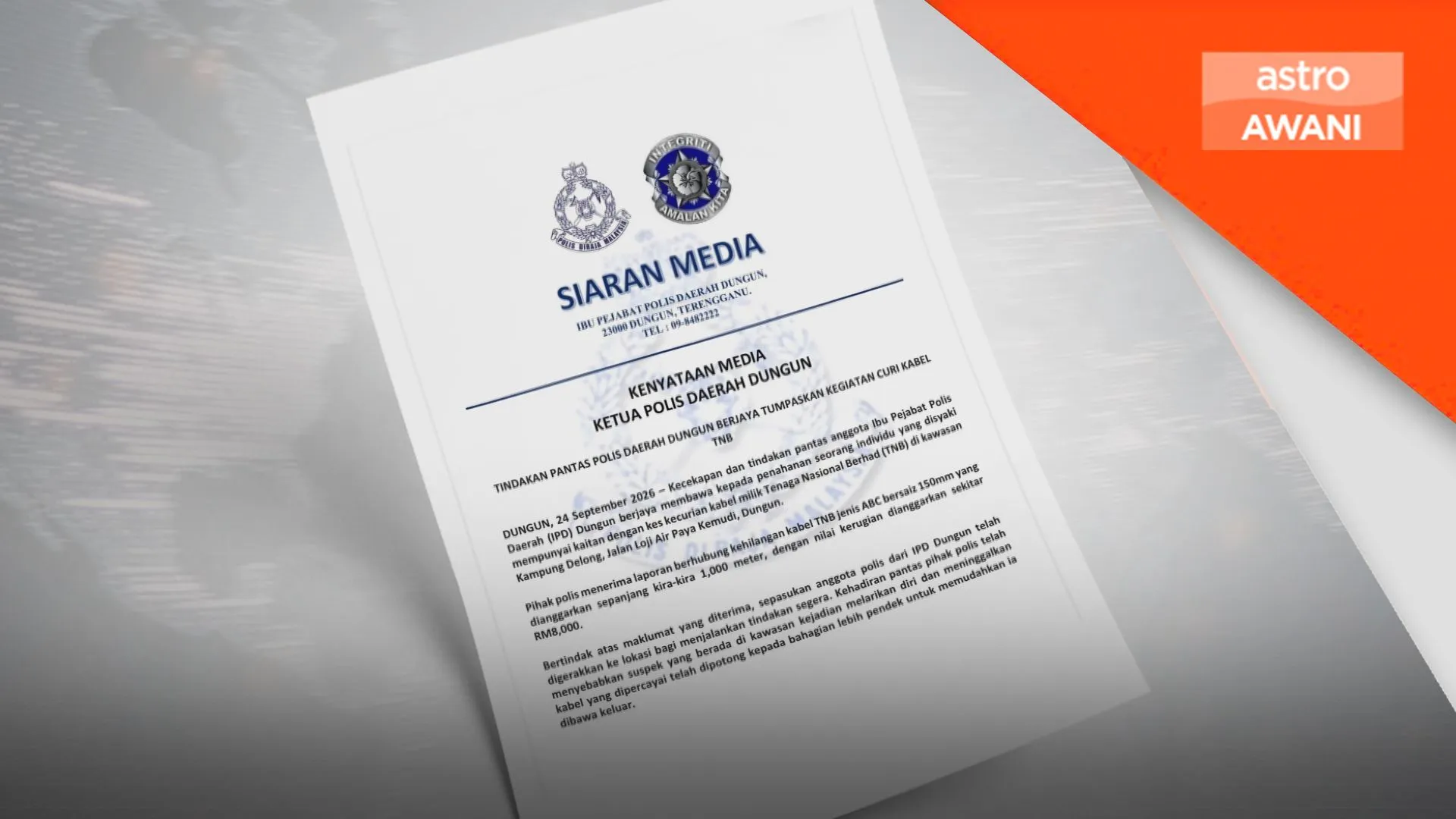 Remaja perempuan ditahan disyaki curi kabel TNB