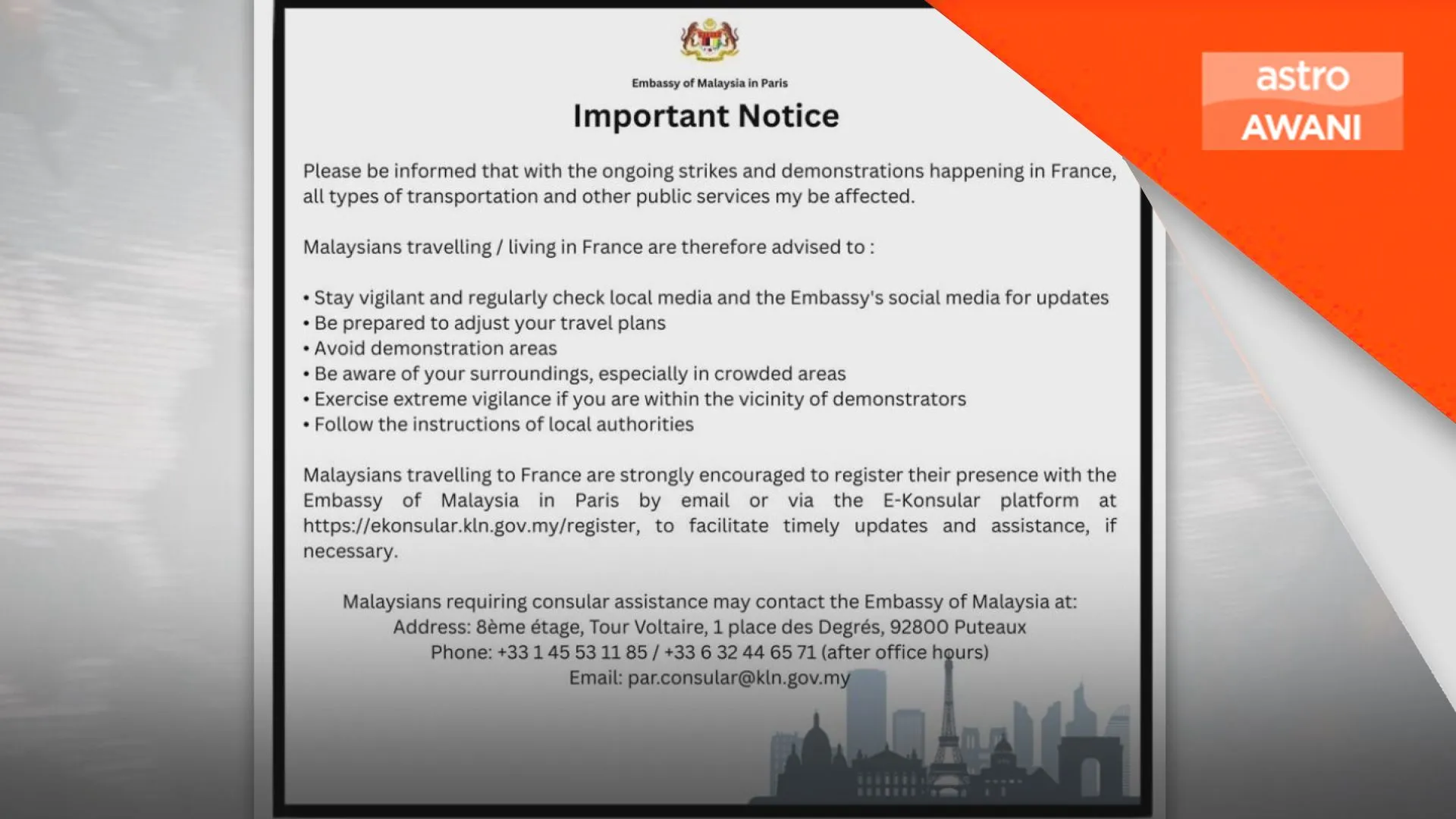 Mogok di Perancis: Rakyat Malaysia diminta waspada