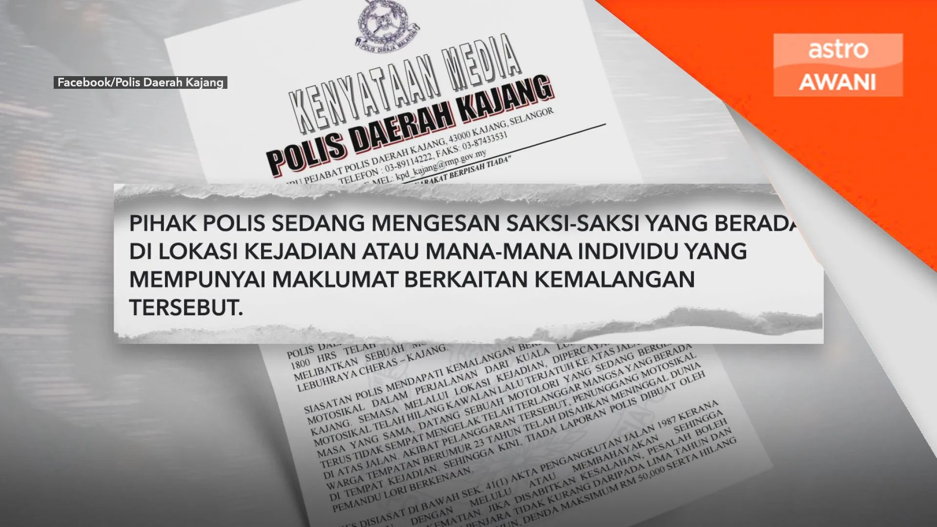Polis kesan saksi kemalangan maut di Lebuhraya Cheras-Kajang