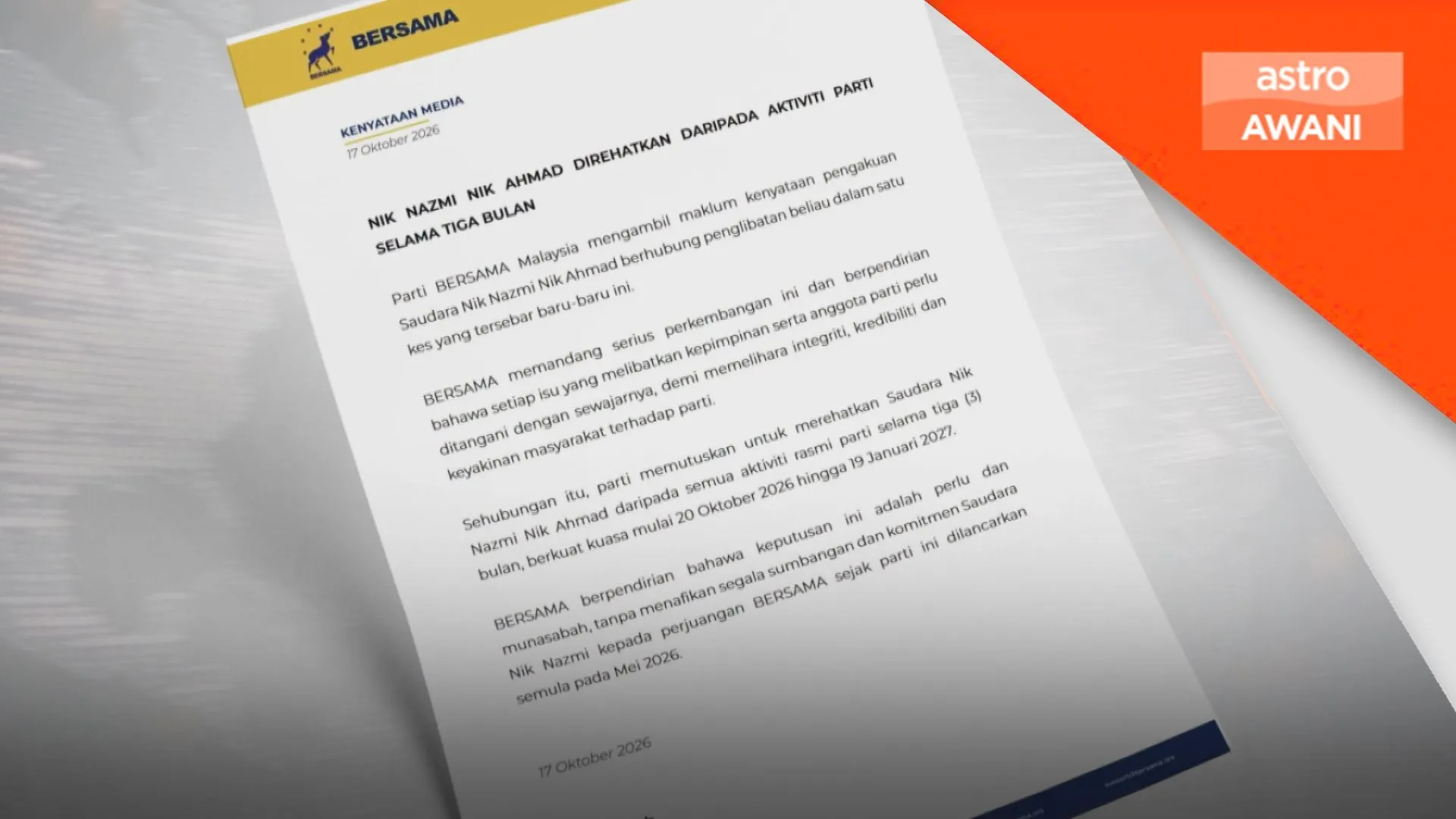 BERSAMA rehatkan Nik Nazmi tiga bulan susulan kontroversi